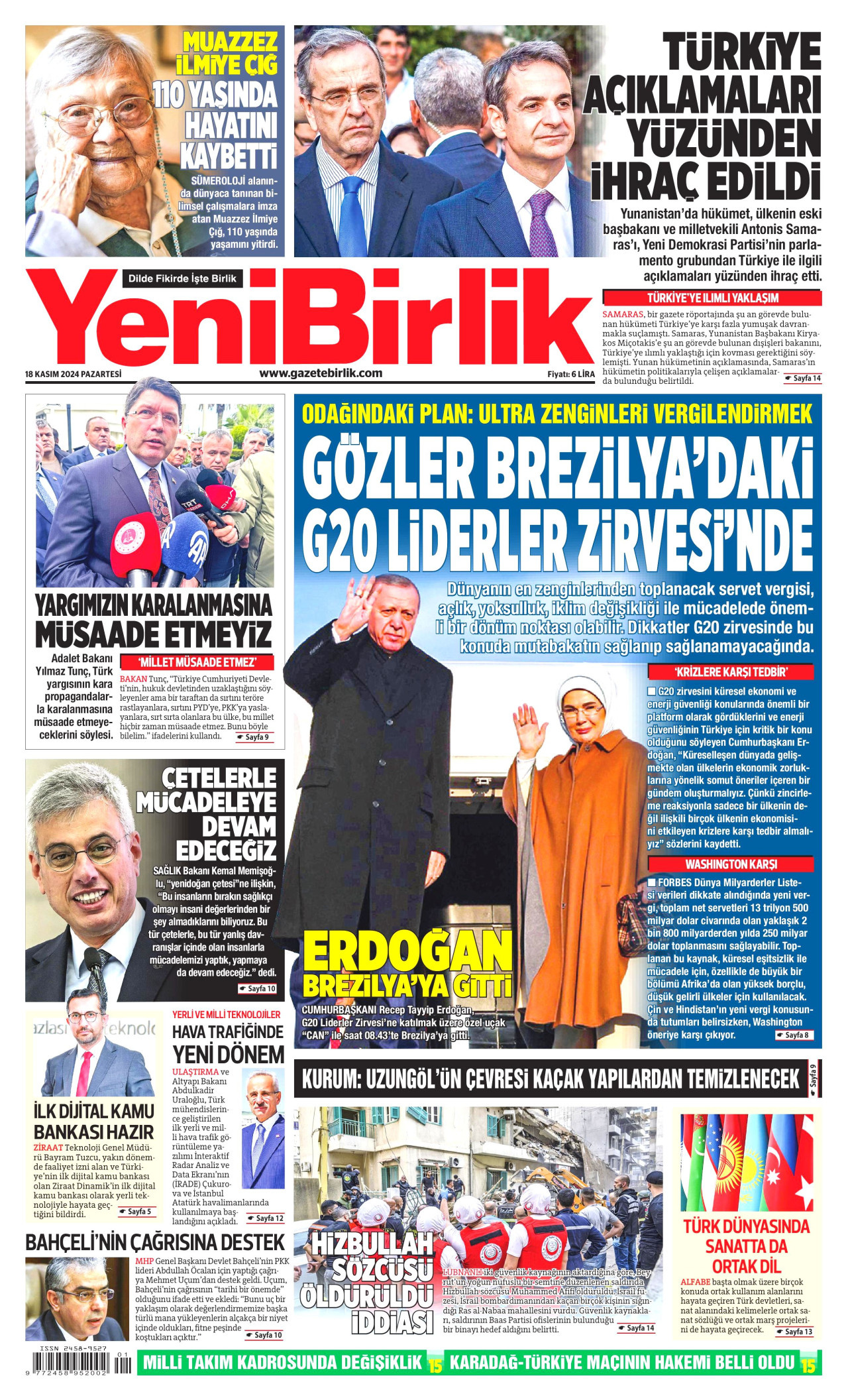 YENİBİRLİK gazetesinin 18 Kasım 2024 tarihli birinci sayfası