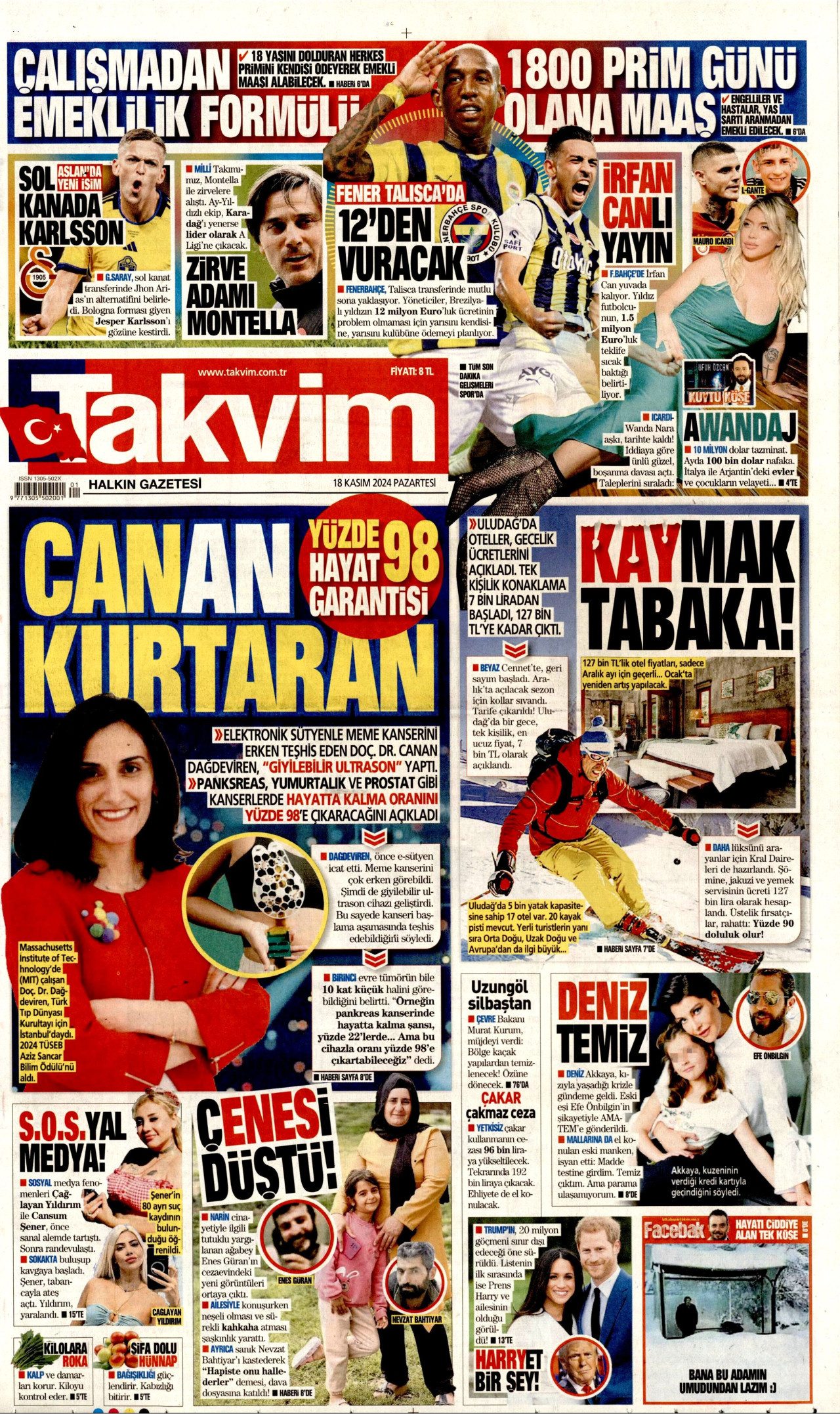 TAKVİM gazetesinin 18 Kasım 2024 tarihli birinci sayfası