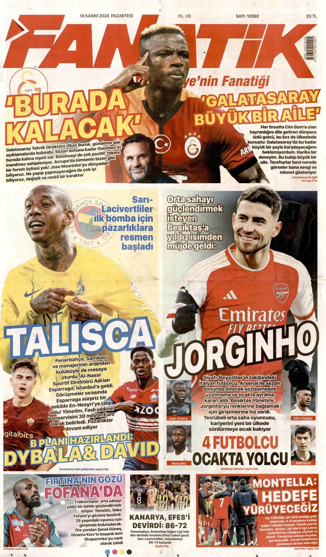 FANATİK gazetesinin 18 Kasım 2024 tarihli birinci sayfası