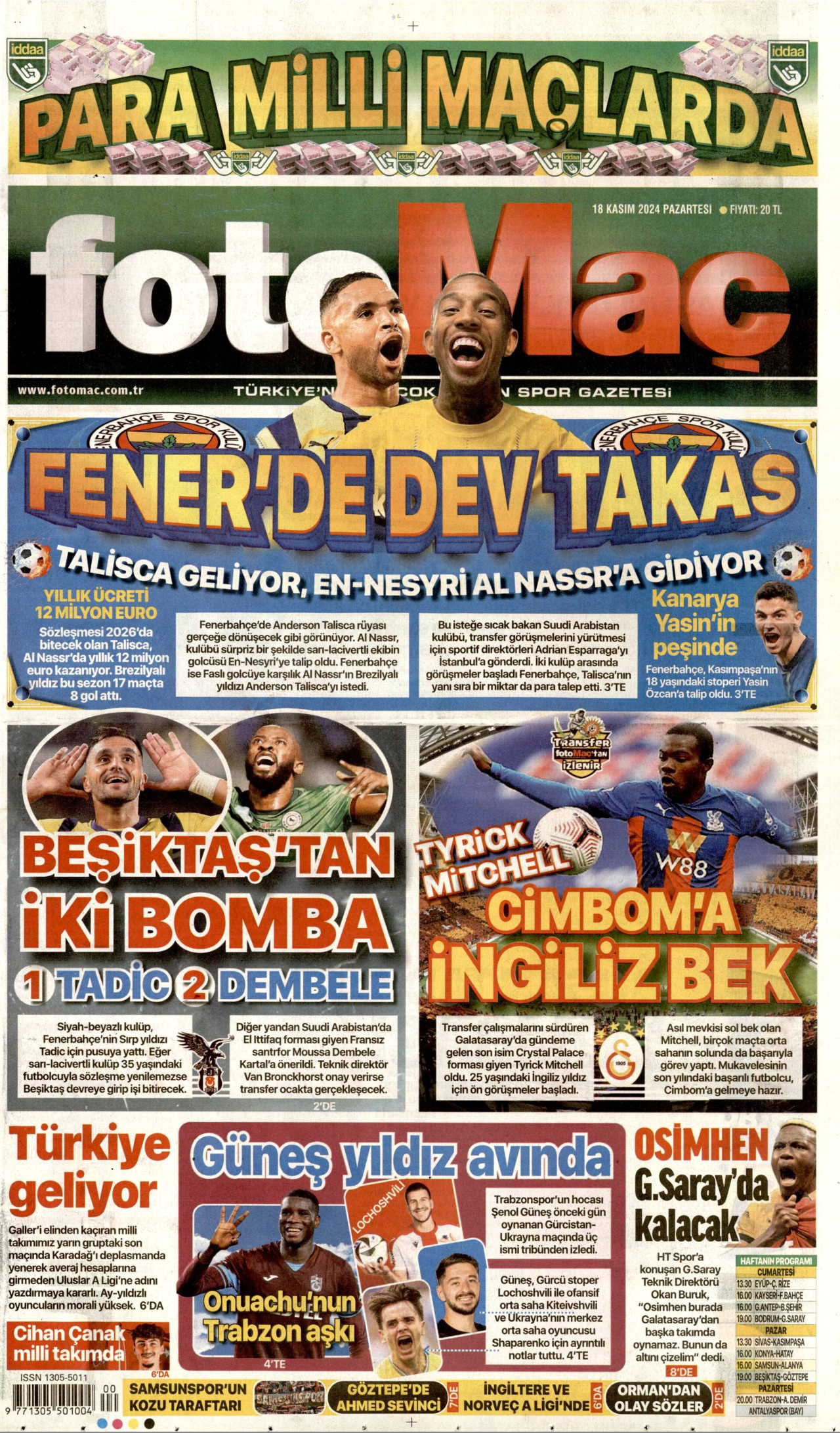 FOTOMAÇ gazetesinin 18 Kasım 2024 tarihli birinci sayfası