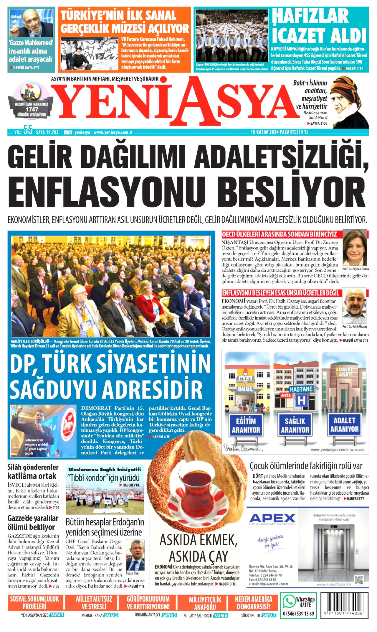 YENİ ASYA gazetesinin 18 Kasım 2024 tarihli birinci sayfası
