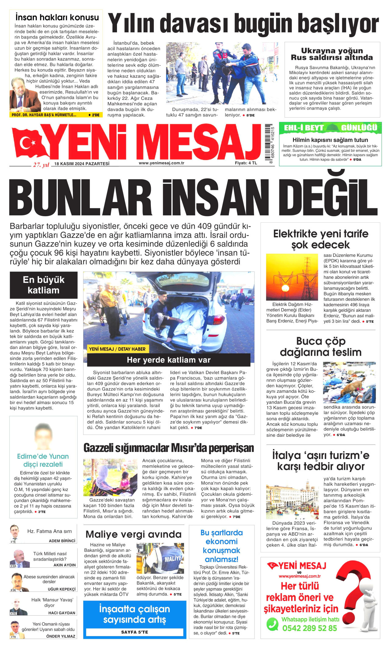 YENİ MESAJ gazetesinin 18 Kasım 2024 tarihli birinci sayfası