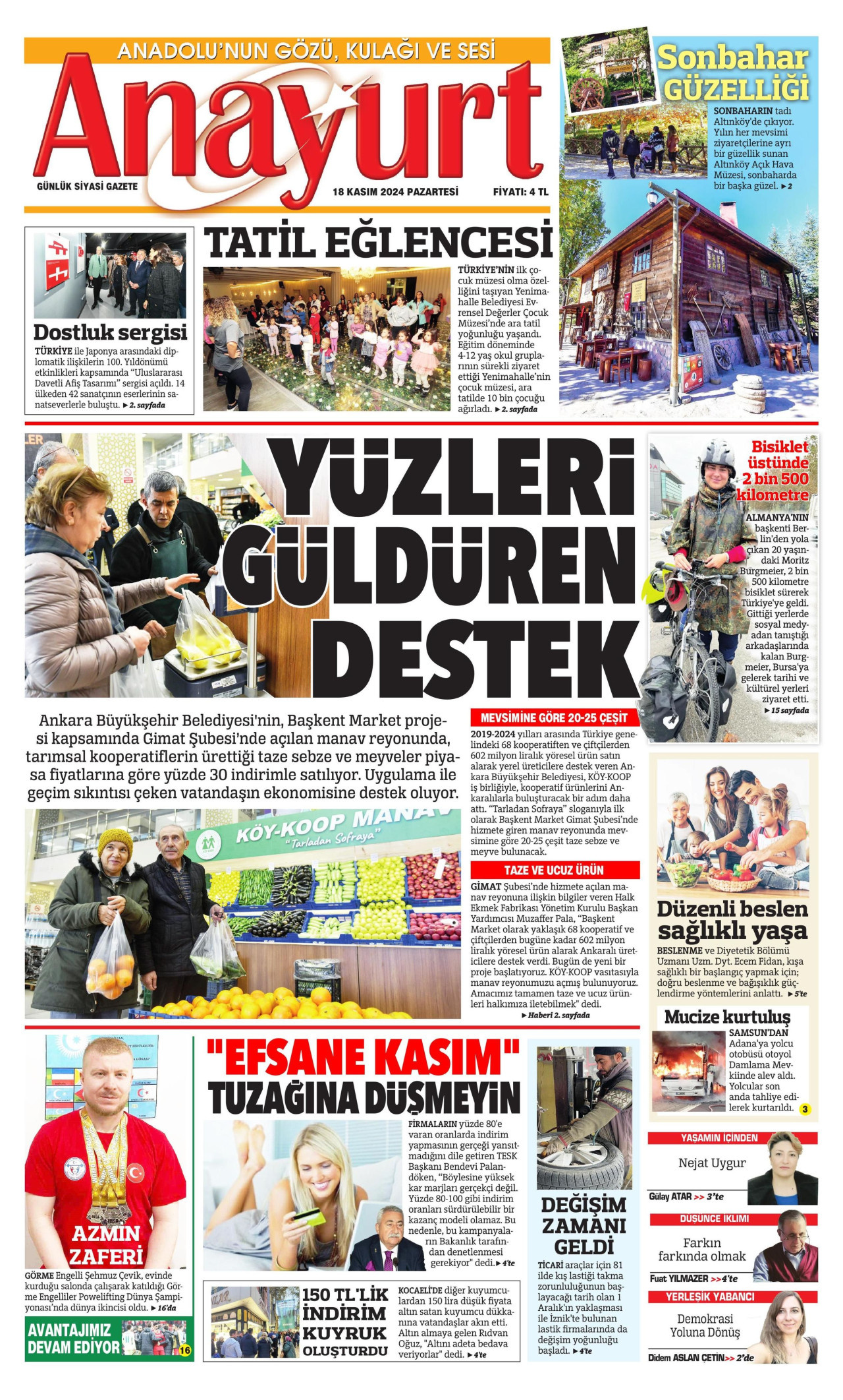 ANAYURT gazetesinin 18 Kasım 2024 tarihli birinci sayfası