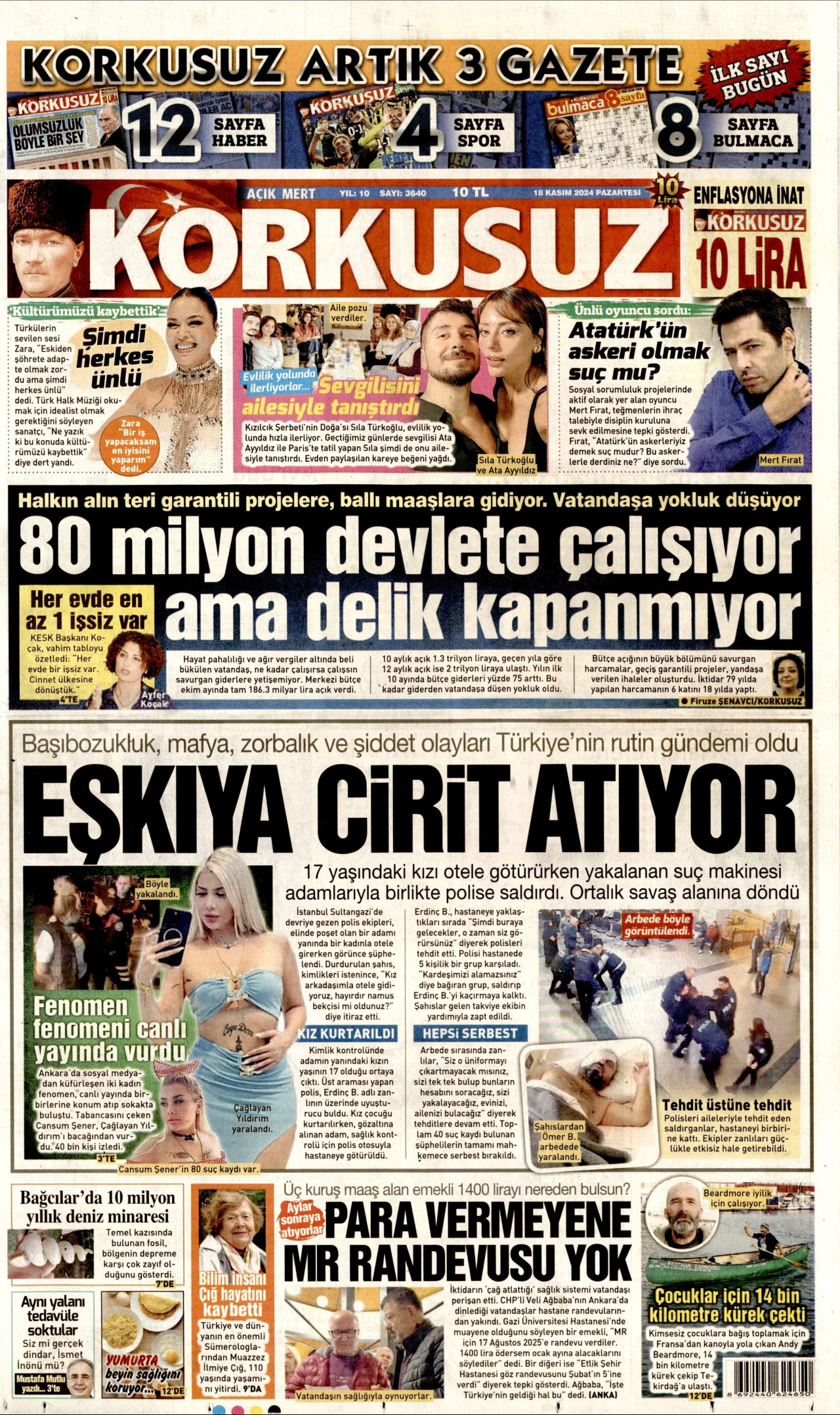KORKUSUZ gazetesinin 18 Kasım 2024 tarihli birinci sayfası