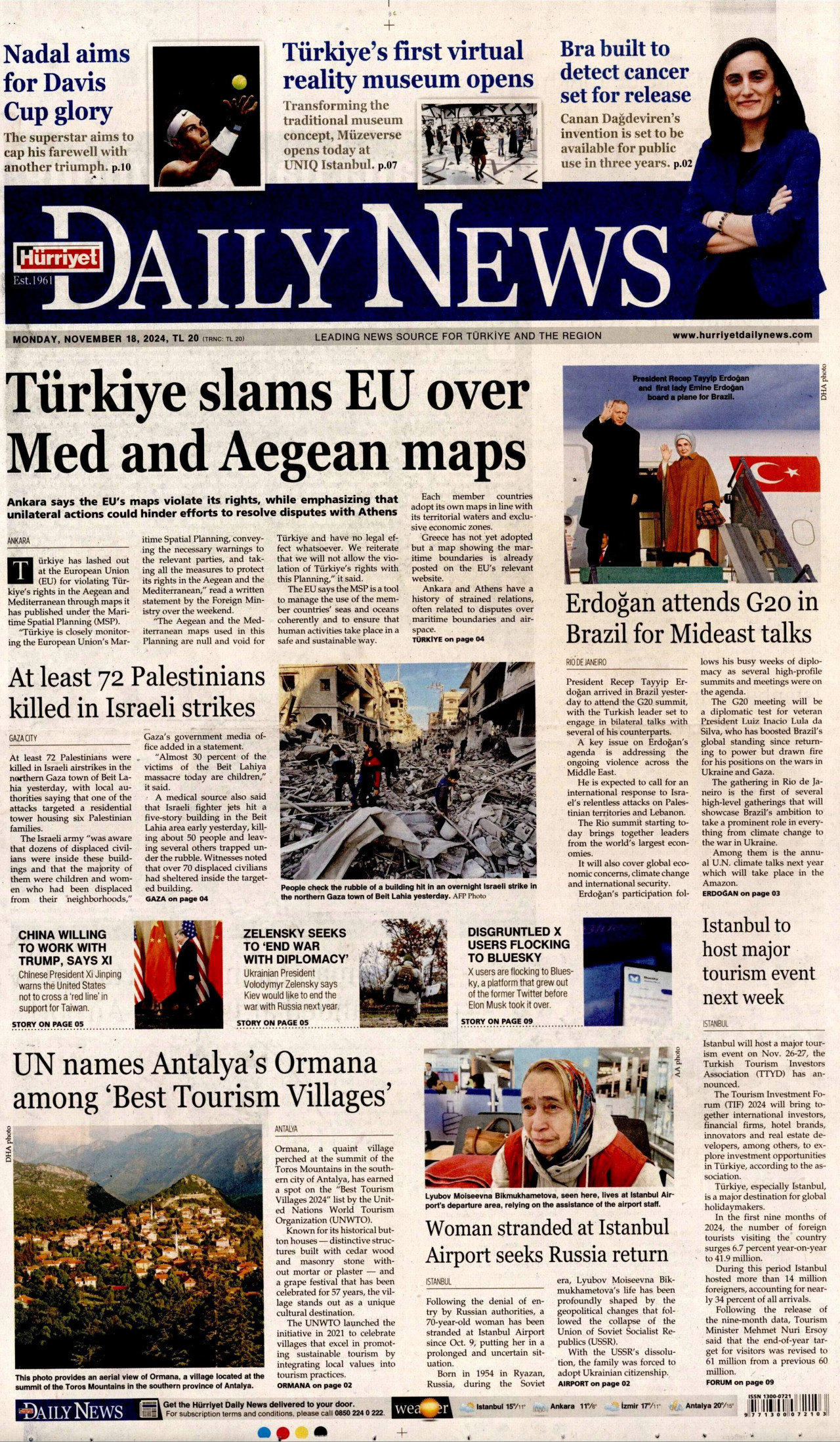 HÜRRİYET DAİLY NEWS gazetesinin 18 Kasım 2024 tarihli birinci sayfası