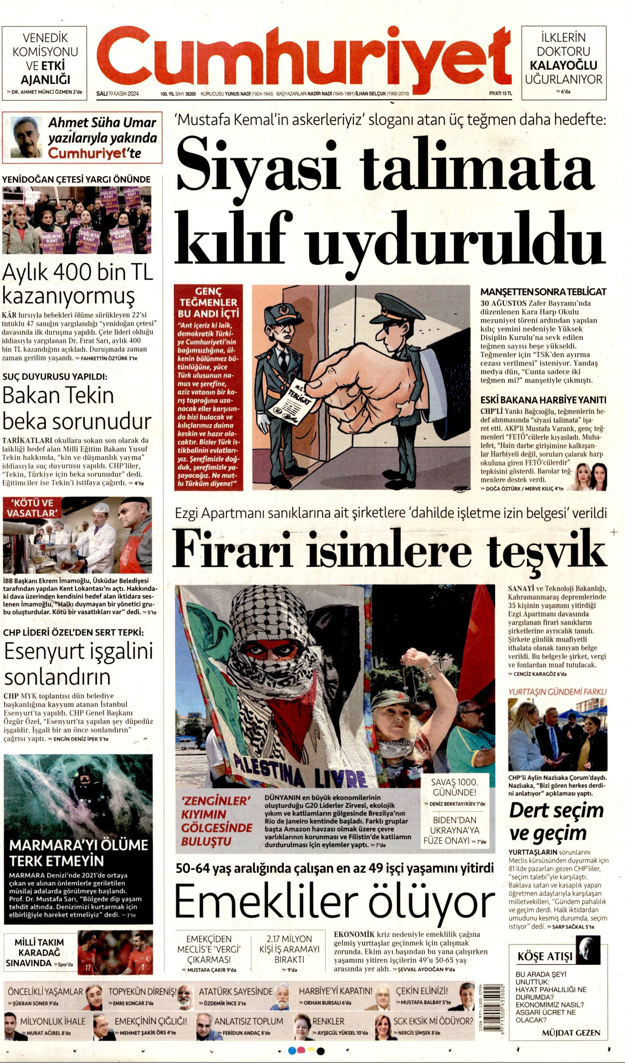 CUMHURİYET gazetesinin 19 Kasım 2024 tarihli birinci sayfası