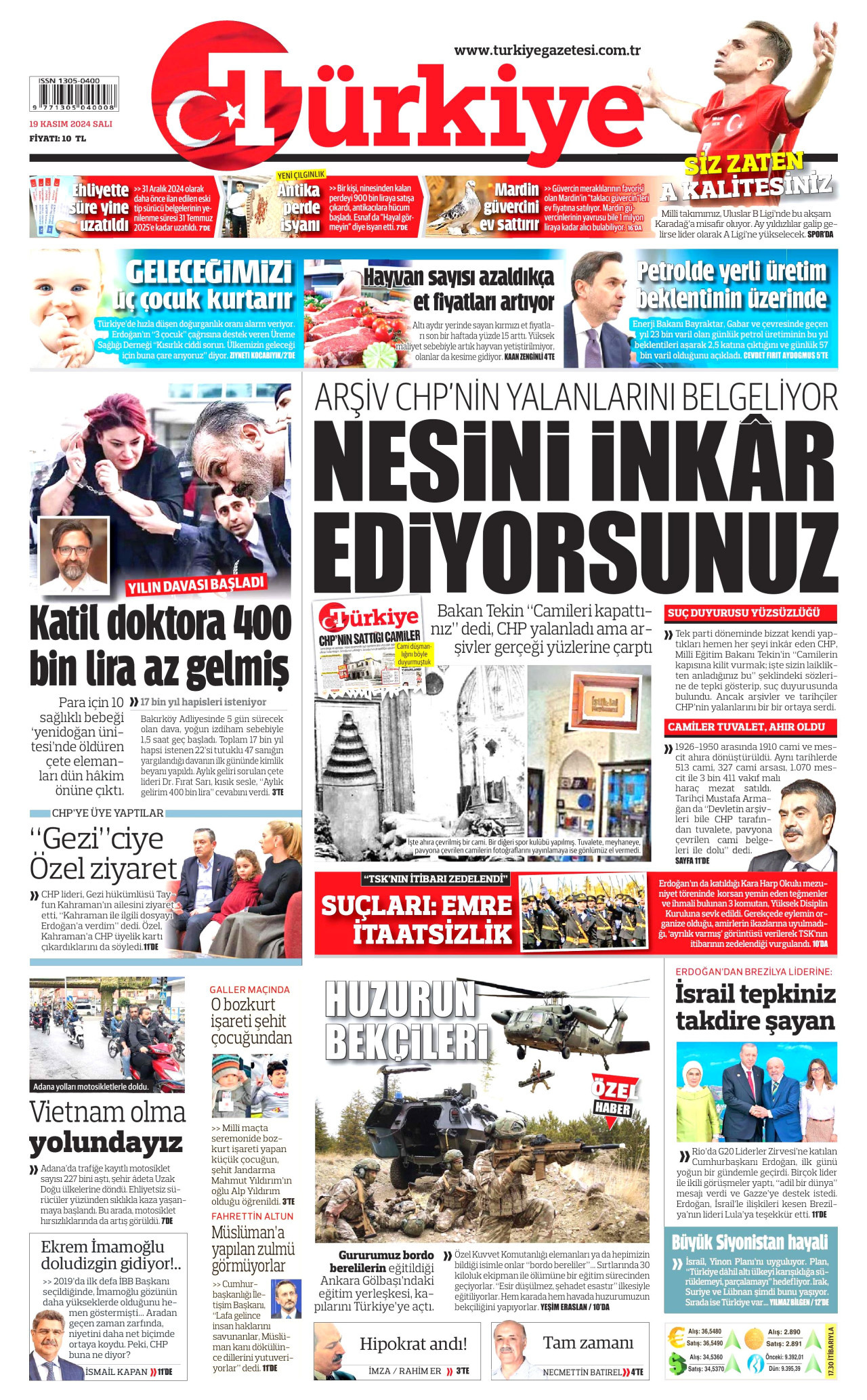 TÜRKİYE GAZETESİ gazetesinin 19 Kasım 2024 tarihli birinci sayfası