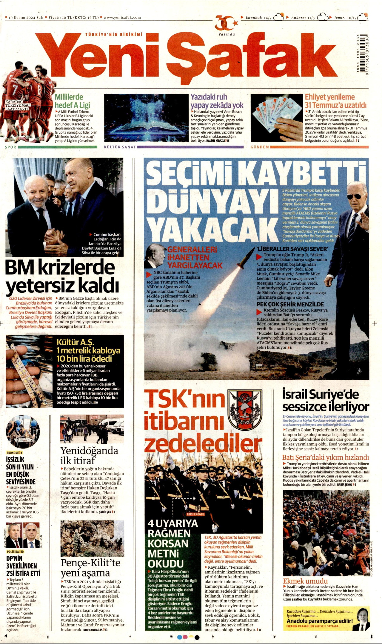 YENİ ŞAFAK gazetesinin 19 Kasım 2024 tarihli birinci sayfası