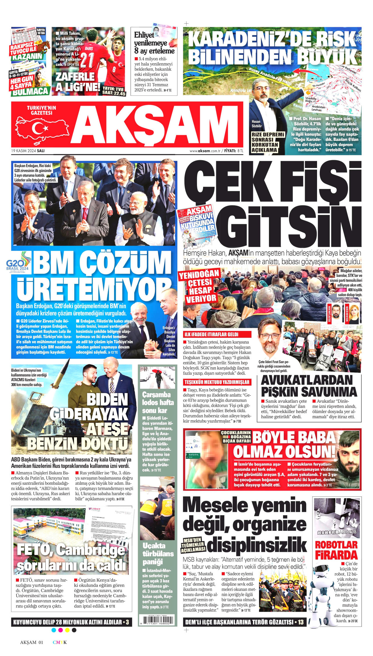 AKŞAM gazetesinin 19 Kasım 2024 tarihli birinci sayfası