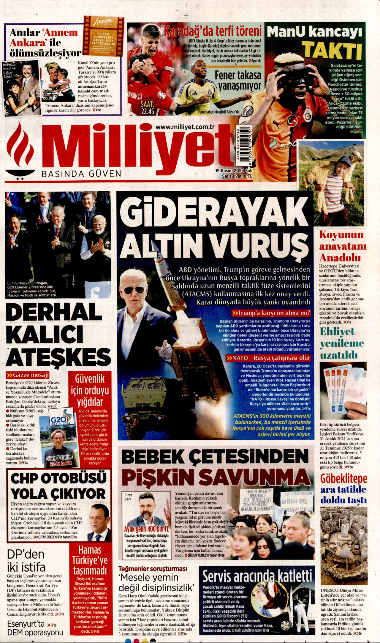 MİLLİYET gazetesinin 19 Kasım 2024 tarihli birinci sayfası