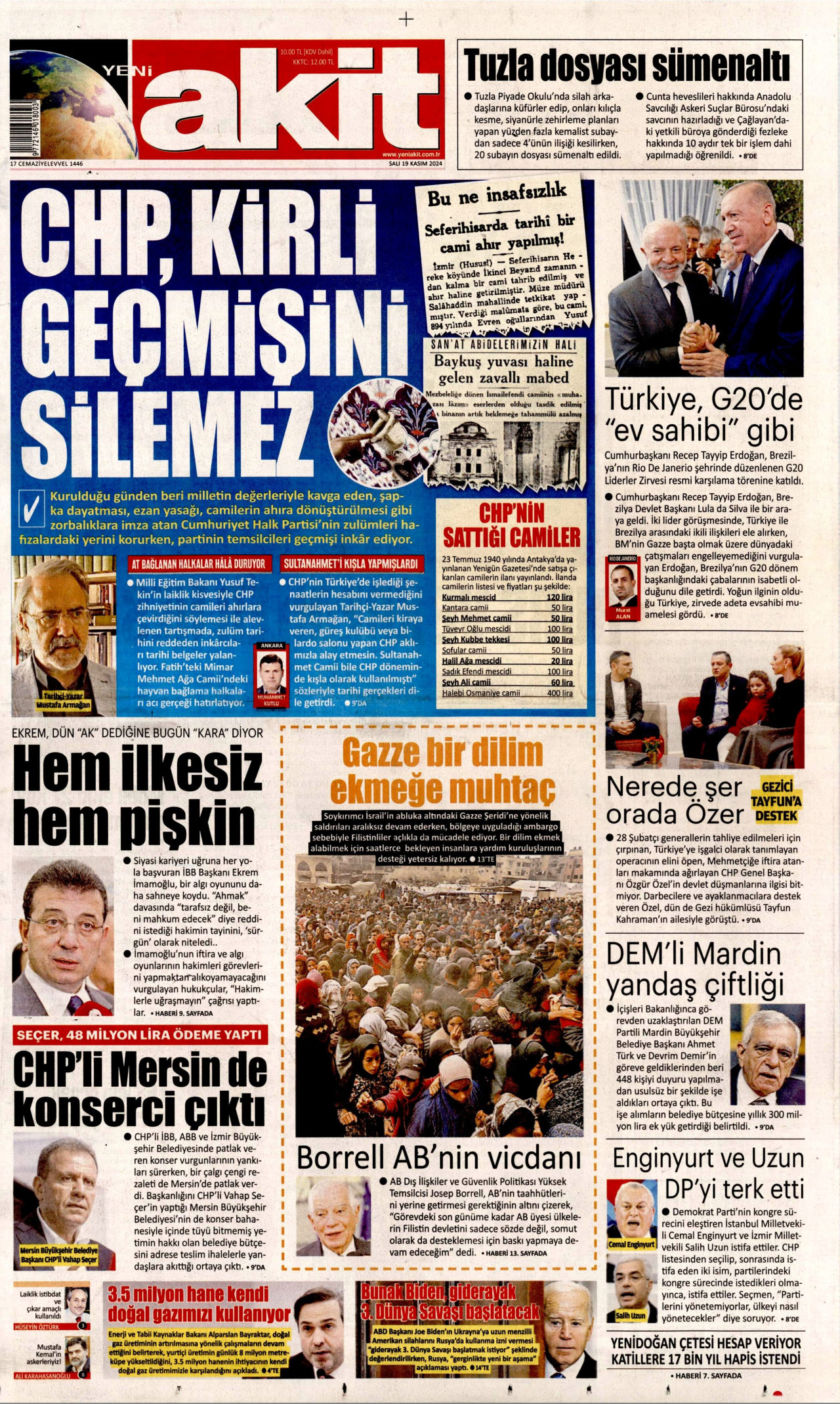 YENİ AKİT gazetesinin 19 Kasım 2024 tarihli birinci sayfası