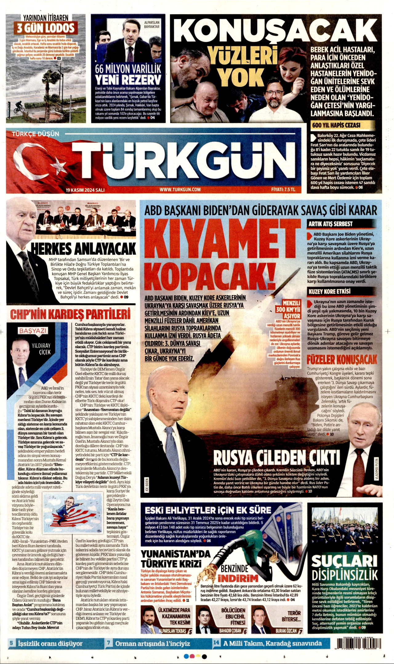 TÜRKGÜN gazetesinin 19 Kasım 2024 tarihli birinci sayfası