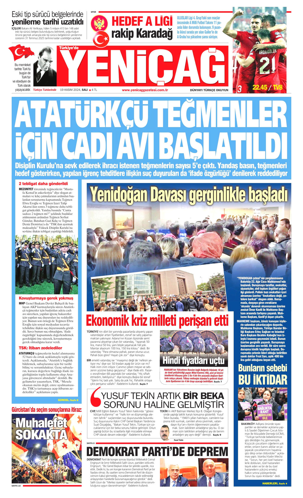 YENİÇAĞ gazetesinin 19 Kasım 2024 tarihli birinci sayfası