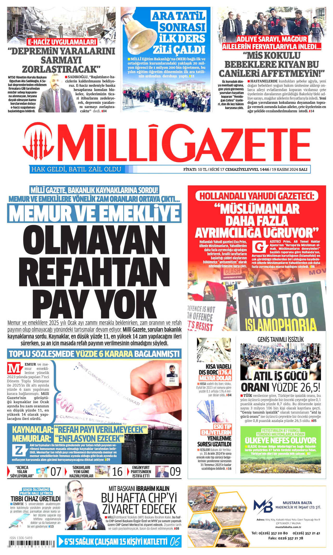 MİLLİ GAZETE gazetesinin 19 Kasım 2024 tarihli birinci sayfası