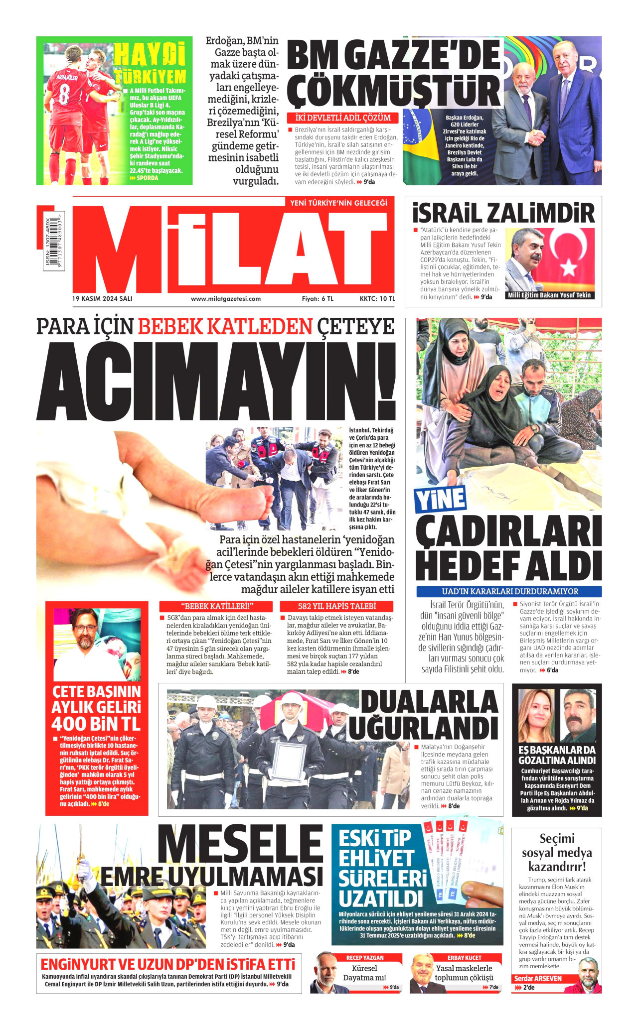 MİLAT gazetesinin 19 Kasım 2024 tarihli birinci sayfası