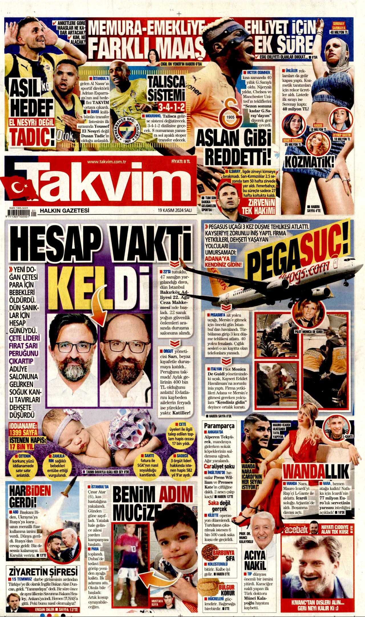 TAKVİM gazetesinin 19 Kasım 2024 tarihli birinci sayfası