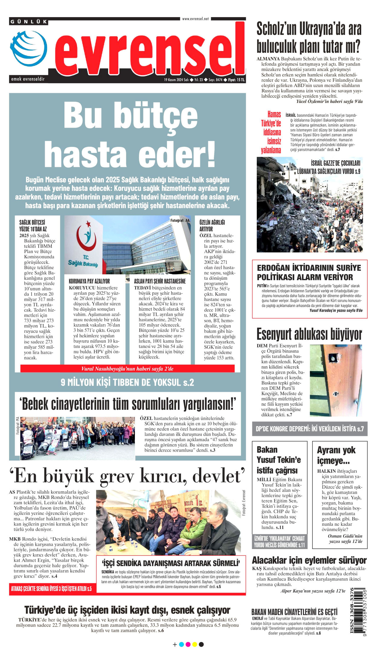 EVRENSEL gazetesinin 19 Kasım 2024 tarihli birinci sayfası
