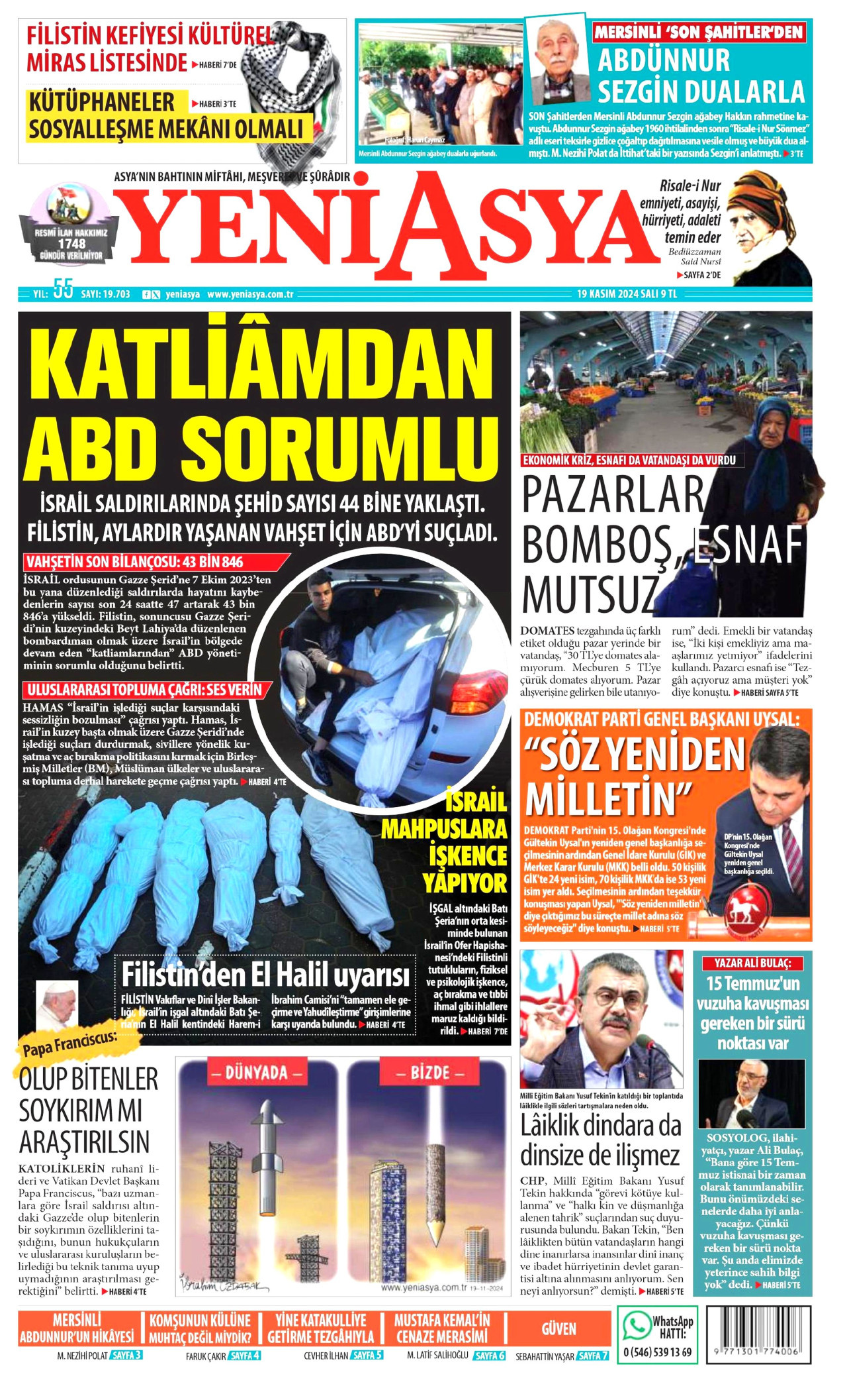 YENİ ASYA gazetesinin 19 Kasım 2024 tarihli birinci sayfası