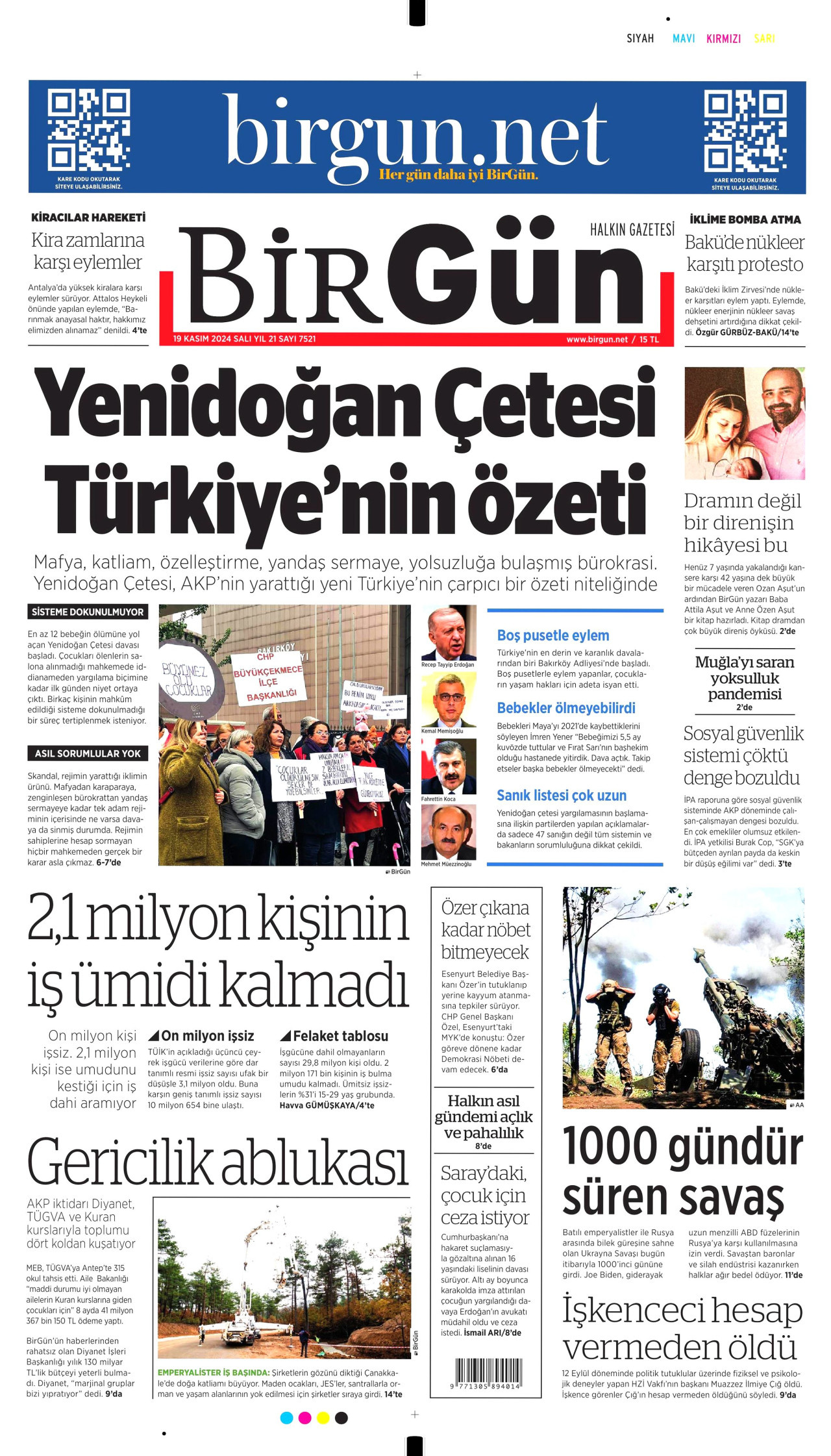 BİRGÜN gazetesinin 19 Kasım 2024 tarihli birinci sayfası