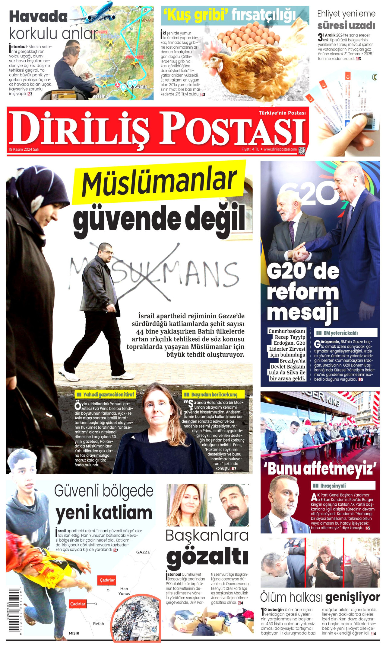 DİRİLİŞ POSTASI gazetesinin 19 Kasım 2024 tarihli birinci sayfası