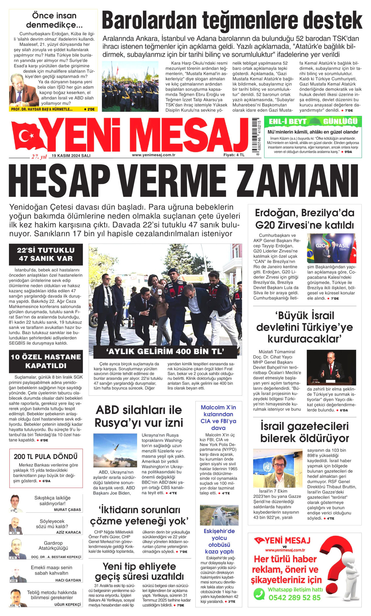 YENİ MESAJ gazetesinin 19 Kasım 2024 tarihli birinci sayfası