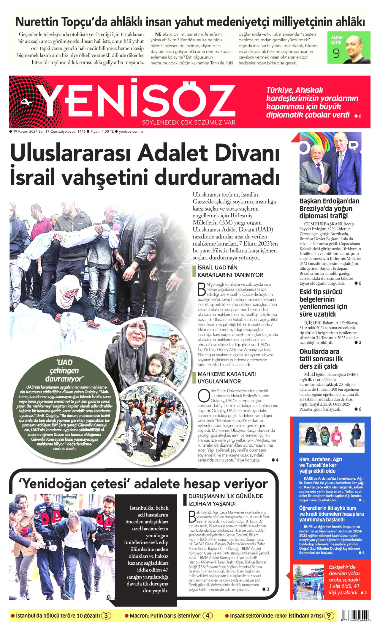 YENİ SÖZ GAZETESİ gazetesinin 19 Kasım 2024 tarihli birinci sayfası
