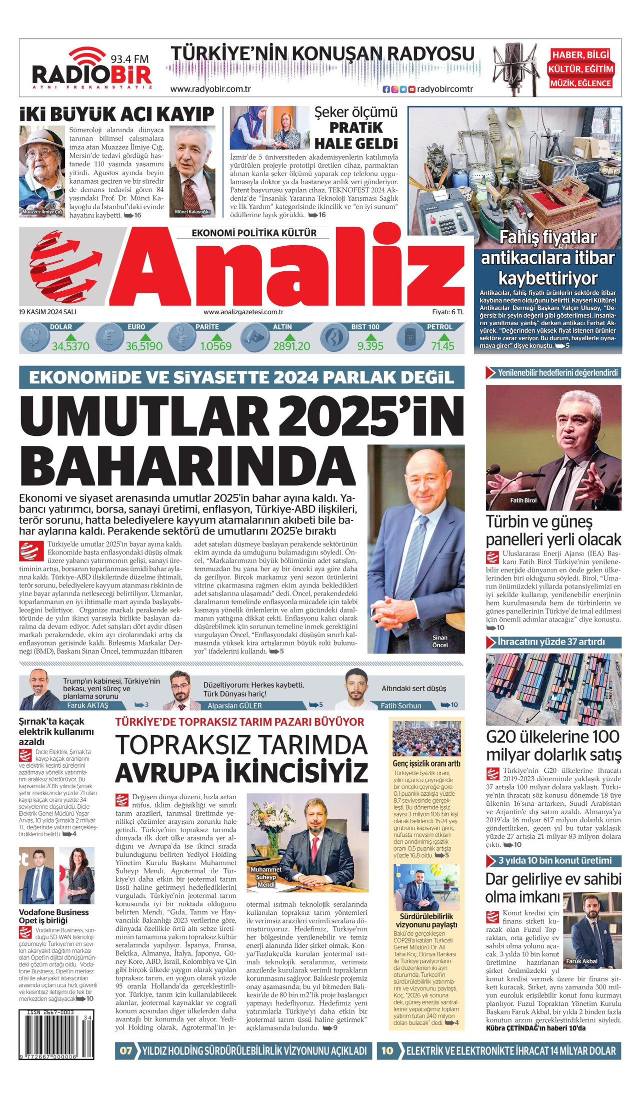 ANALİZ gazetesinin 19 Kasım 2024 tarihli birinci sayfası