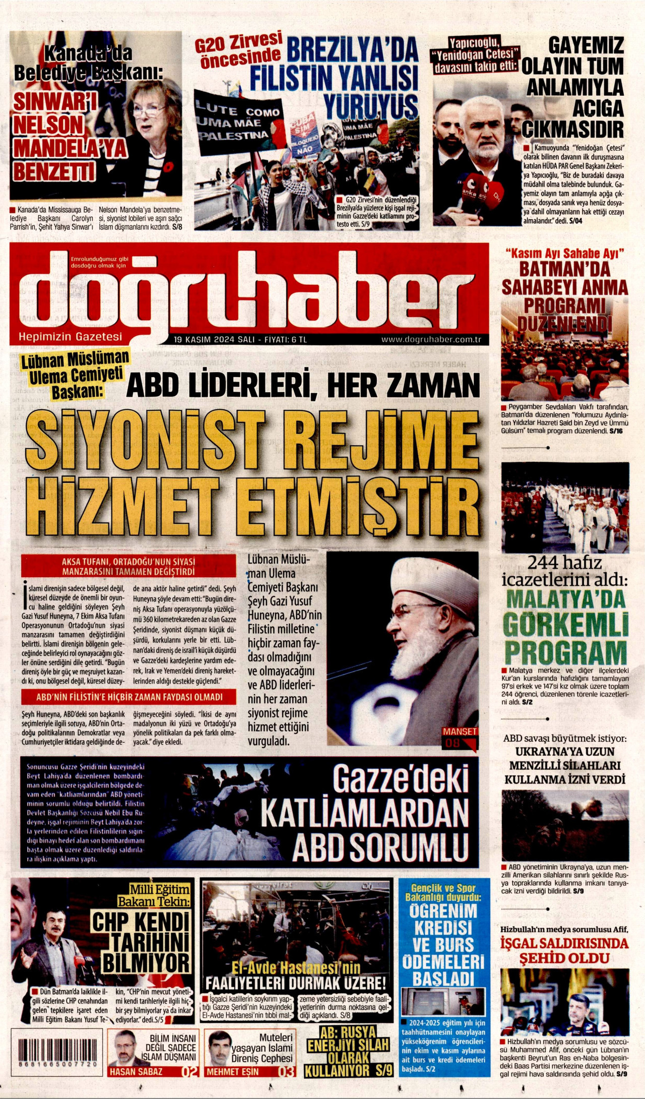 DOĞRU HABER gazetesinin 19 Kasım 2024 tarihli birinci sayfası