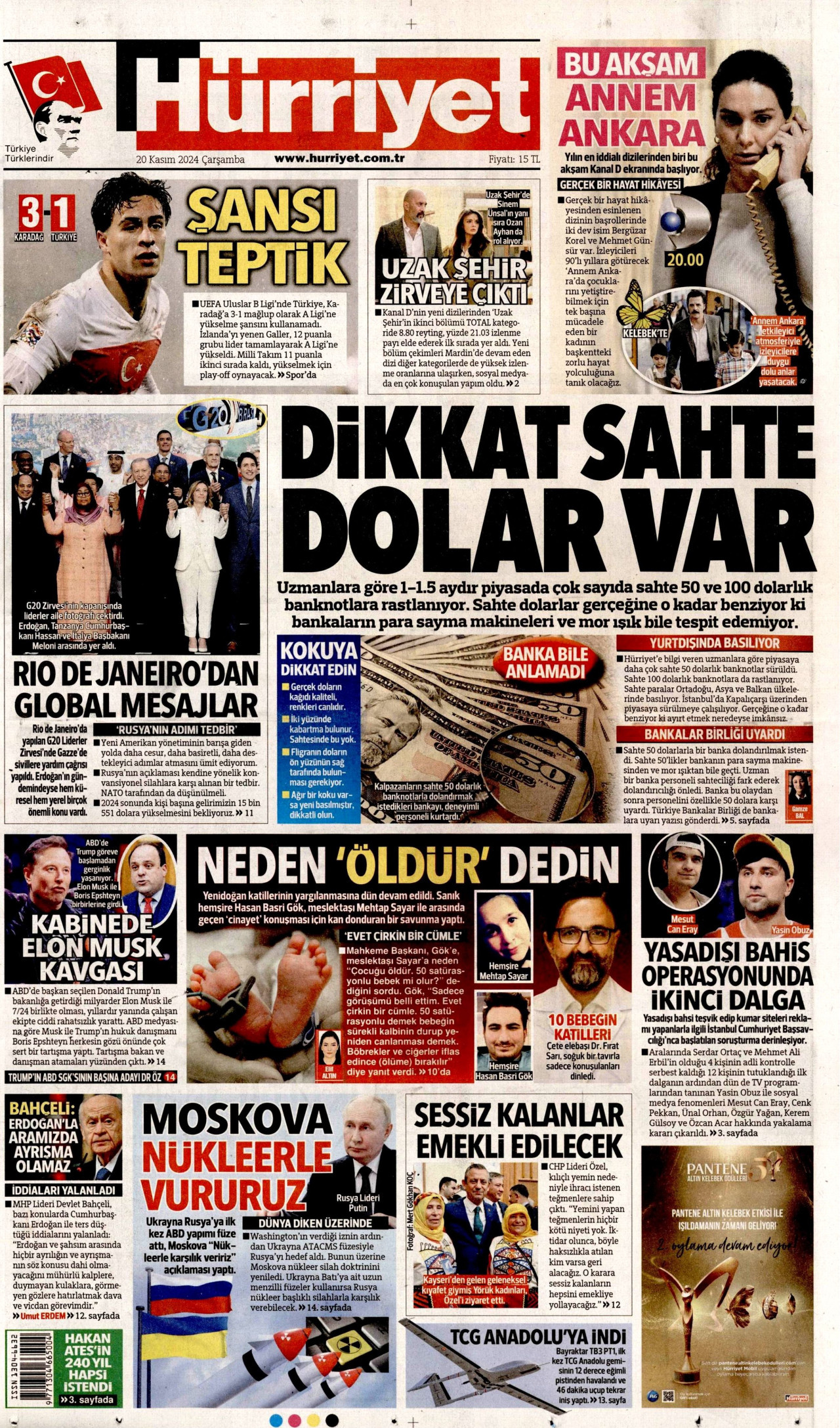 HÜRRİYET gazetesinin 20 Kasım 2024 tarihli birinci sayfası