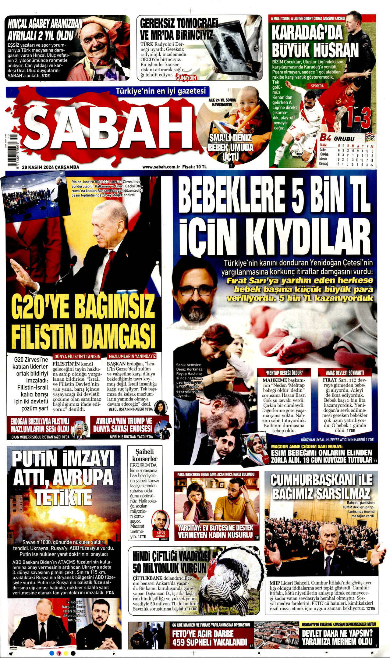 SABAH gazetesinin 20 Kasım 2024 tarihli birinci sayfası