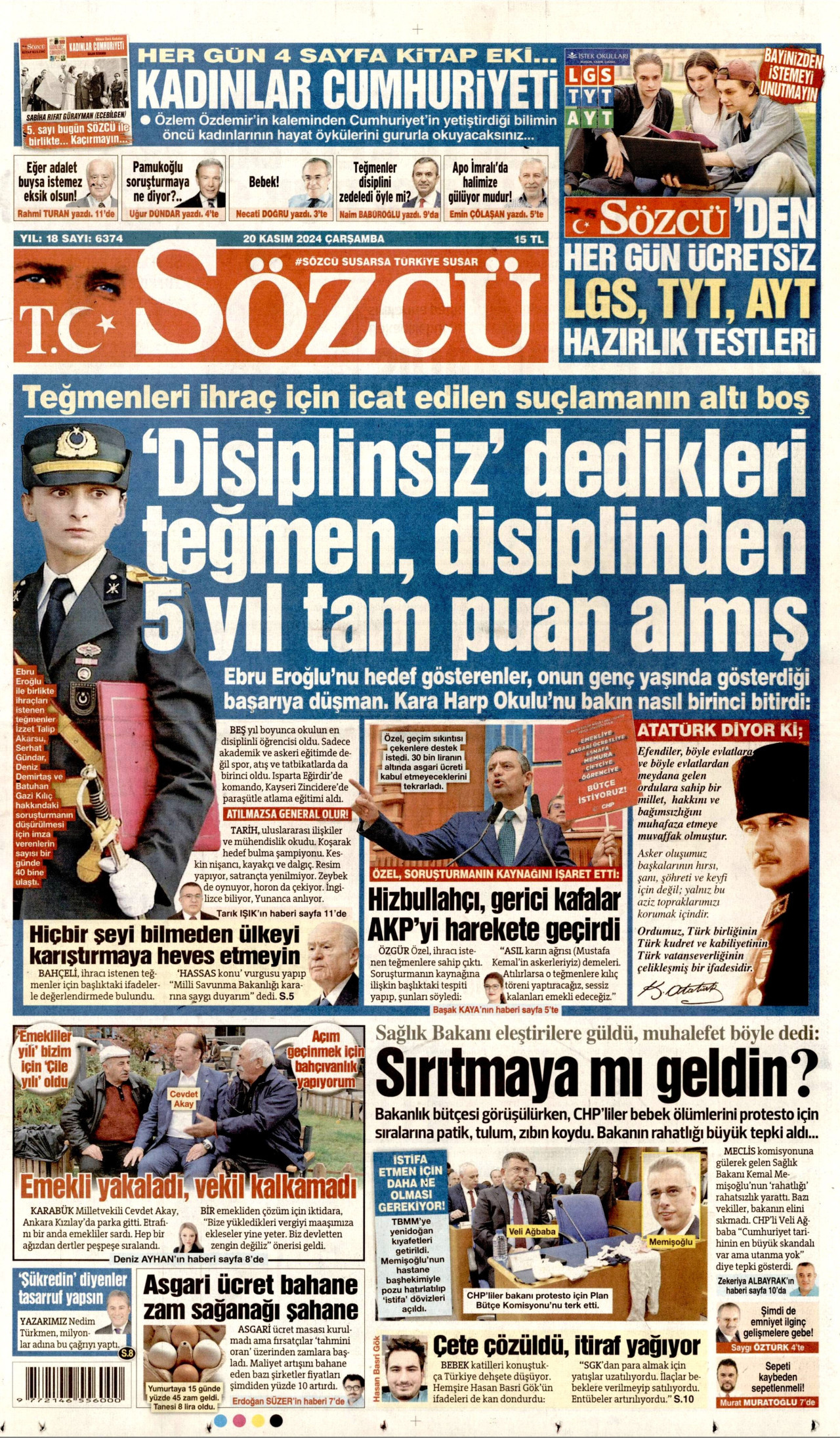 SÖZCÜ gazetesinin 20 Kasım 2024 tarihli birinci sayfası