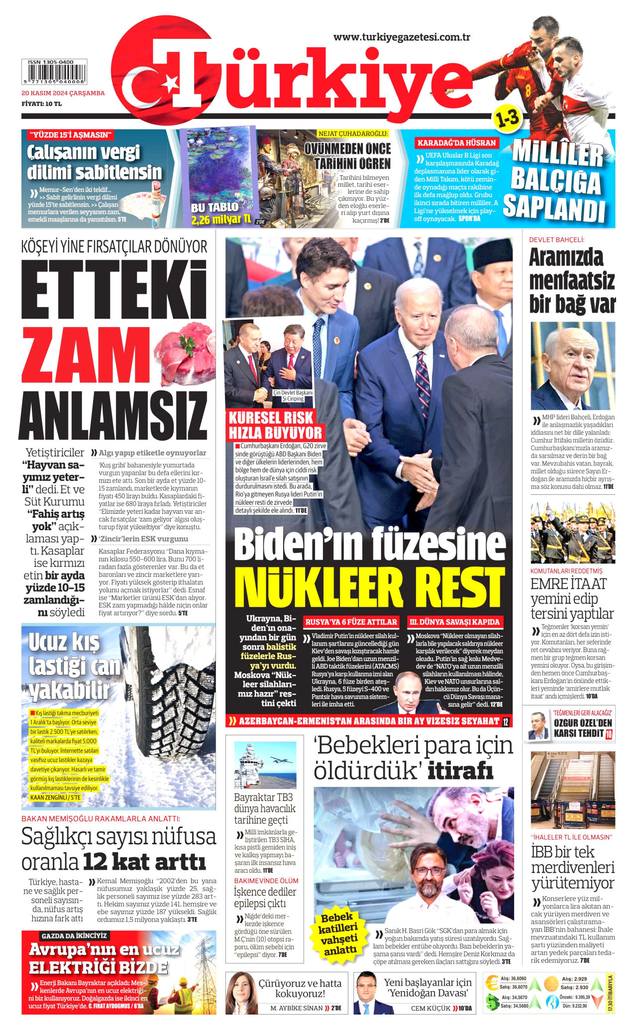TÜRKİYE GAZETESİ gazetesinin 20 Kasım 2024 tarihli birinci sayfası