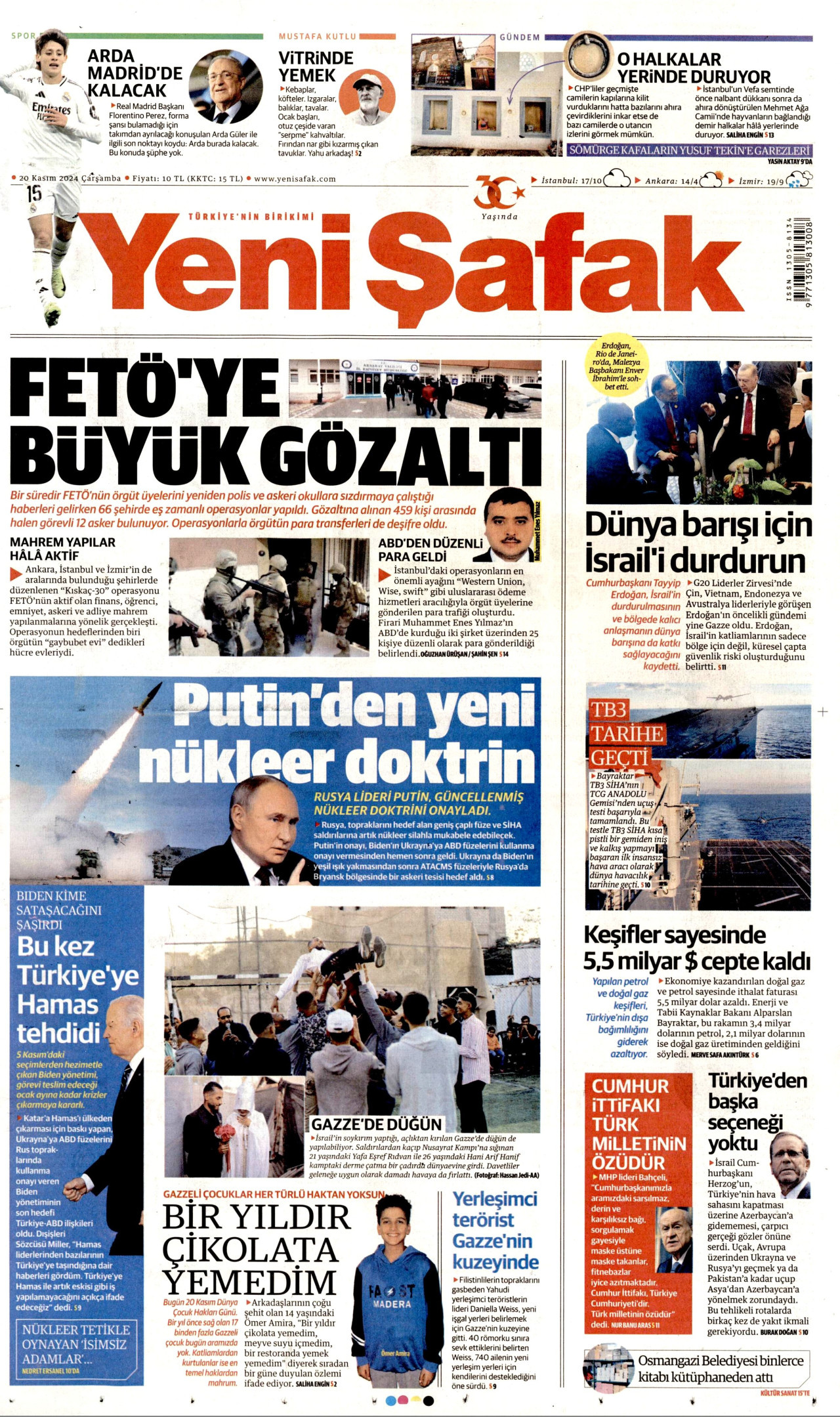 YENİ ŞAFAK gazetesinin 20 Kasım 2024 tarihli birinci sayfası