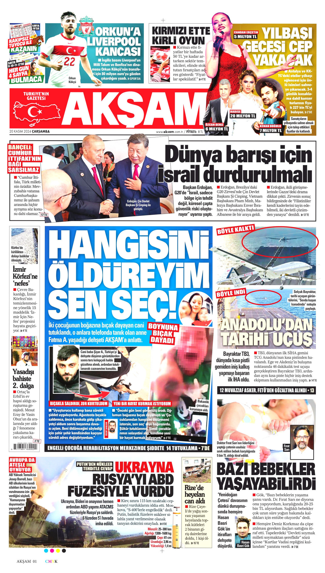 AKŞAM gazetesinin 20 Kasım 2024 tarihli birinci sayfası