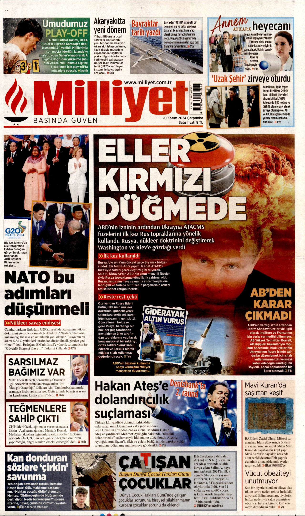 MİLLİYET gazetesinin 20 Kasım 2024 tarihli birinci sayfası
