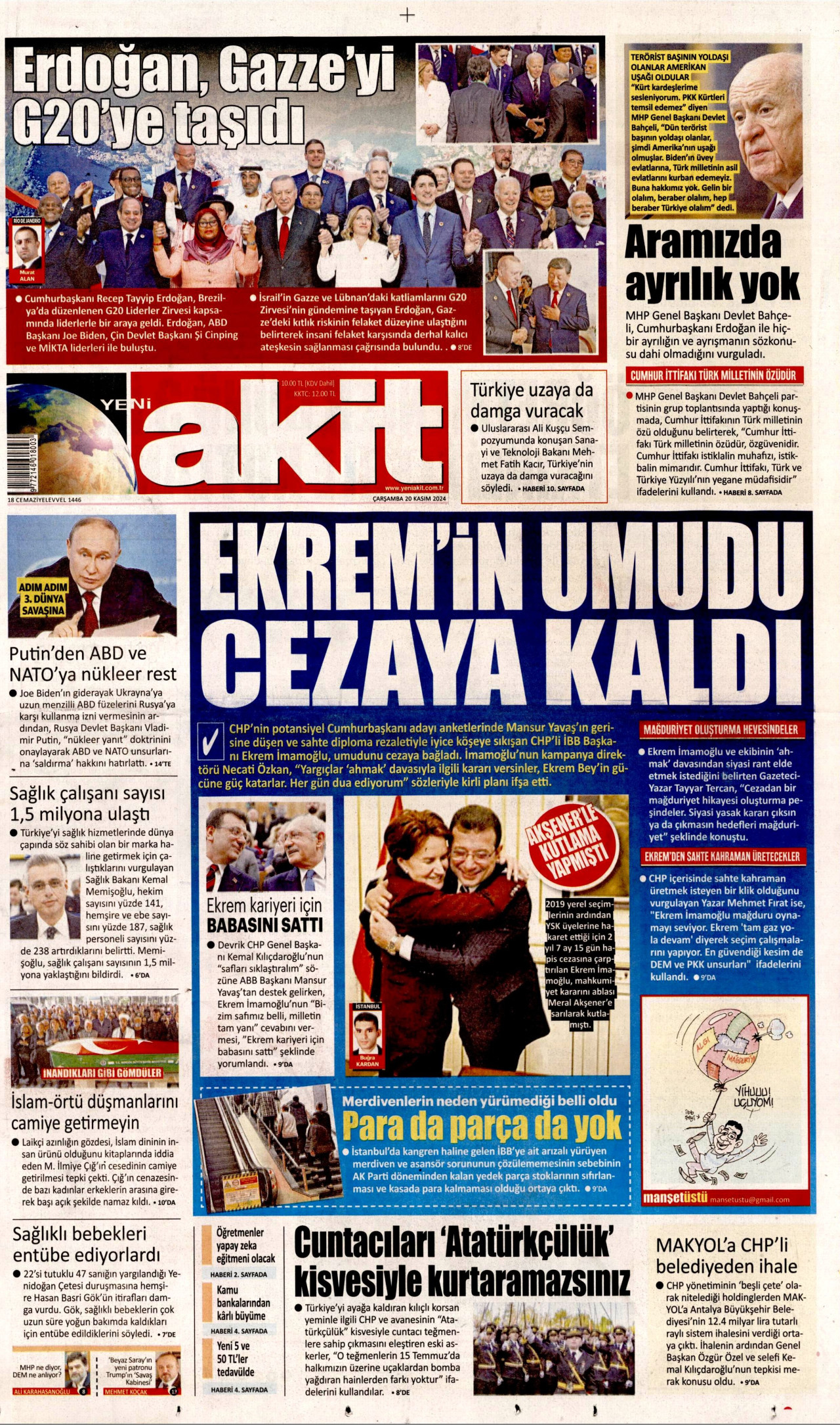 YENİ AKİT gazetesinin 20 Kasım 2024 tarihli birinci sayfası