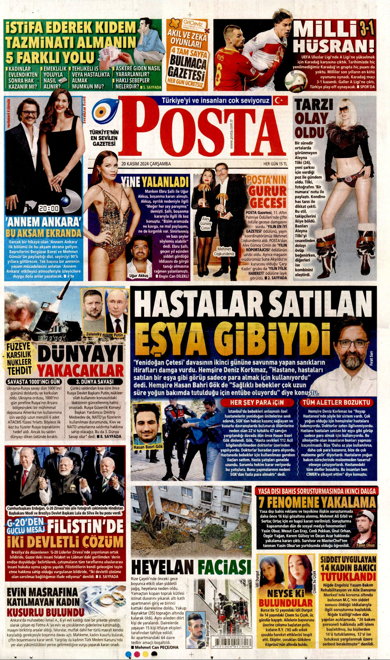 POSTA gazetesinin 20 Kasım 2024 tarihli birinci sayfası