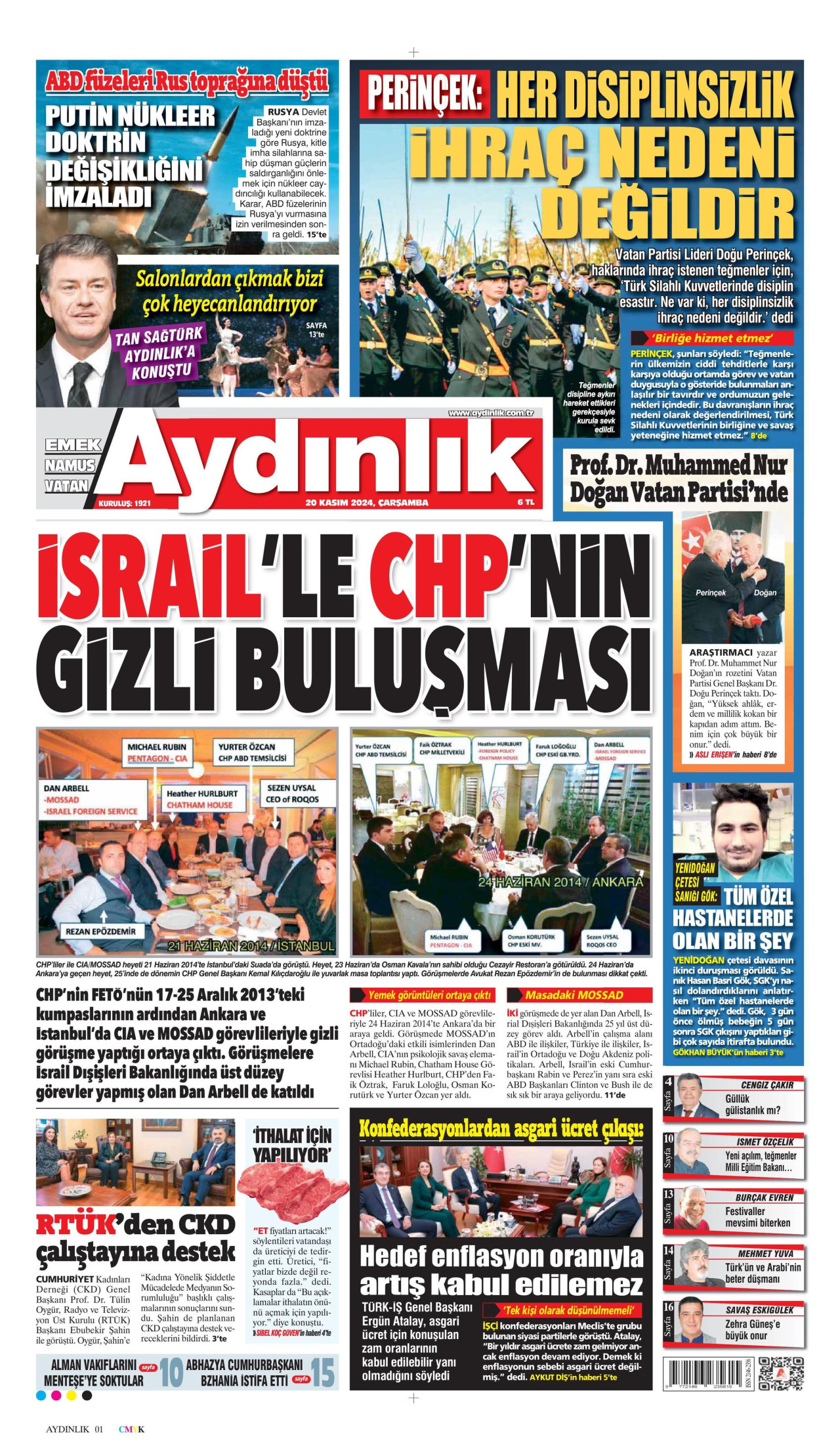 AYDINLIK GAZETESİ gazetesinin 20 Kasım 2024 tarihli birinci sayfası