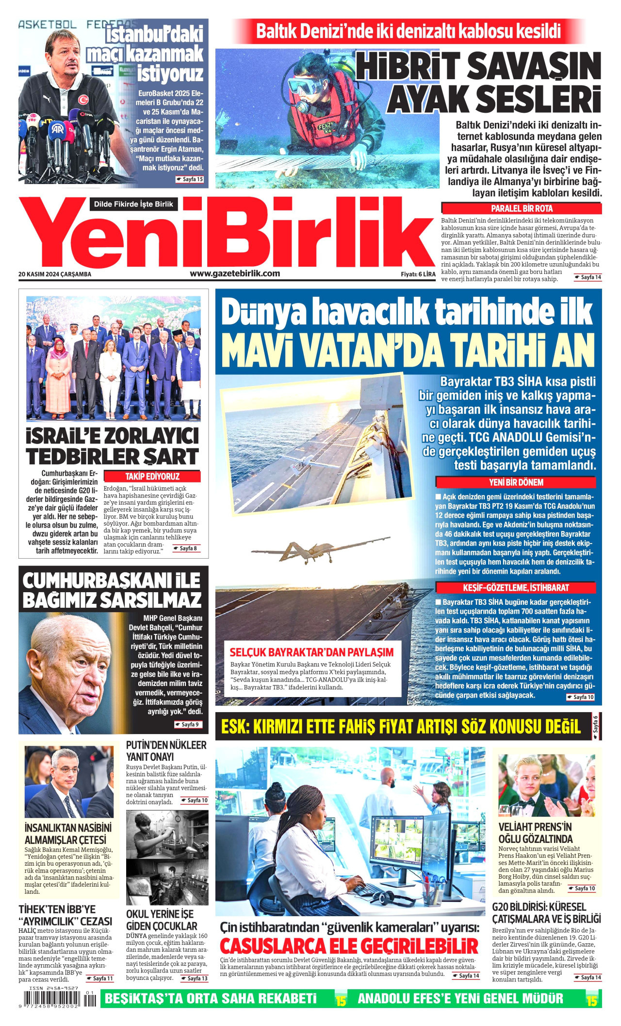 YENİBİRLİK gazetesinin 20 Kasım 2024 tarihli birinci sayfası