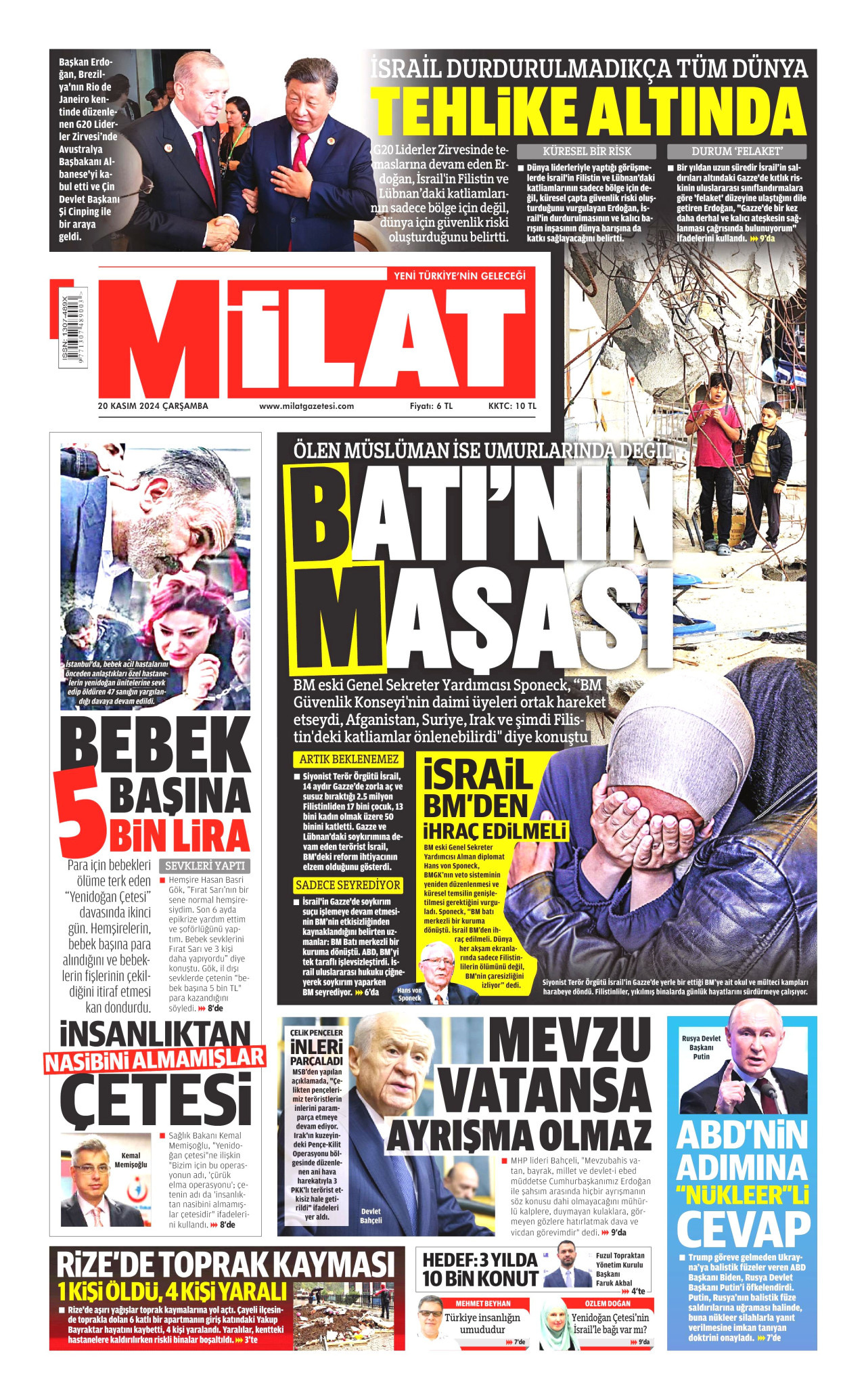 MİLAT gazetesinin 20 Kasım 2024 tarihli birinci sayfası