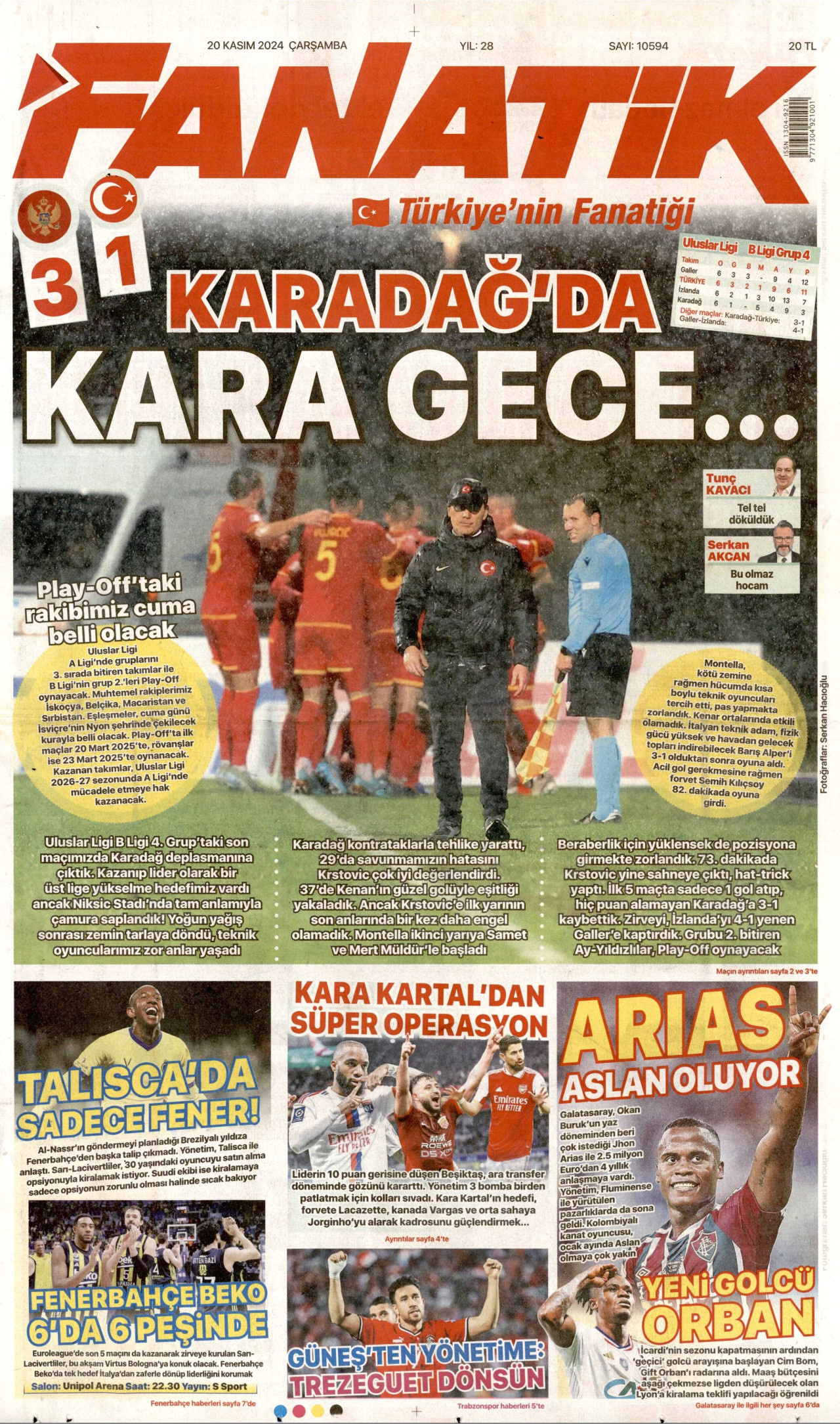 FANATİK gazetesinin 20 Kasım 2024 tarihli birinci sayfası