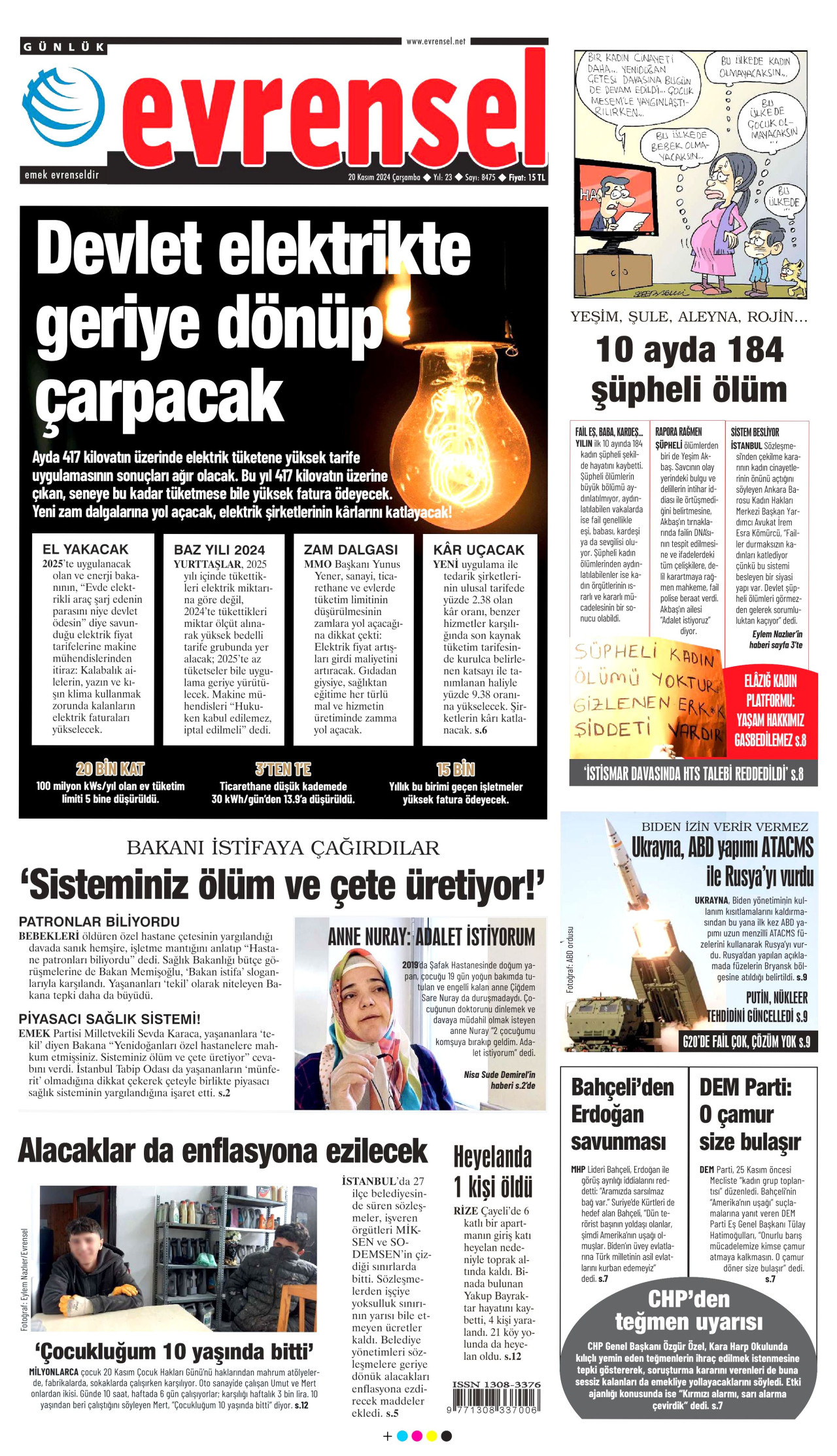 EVRENSEL gazetesinin 20 Kasım 2024 tarihli birinci sayfası