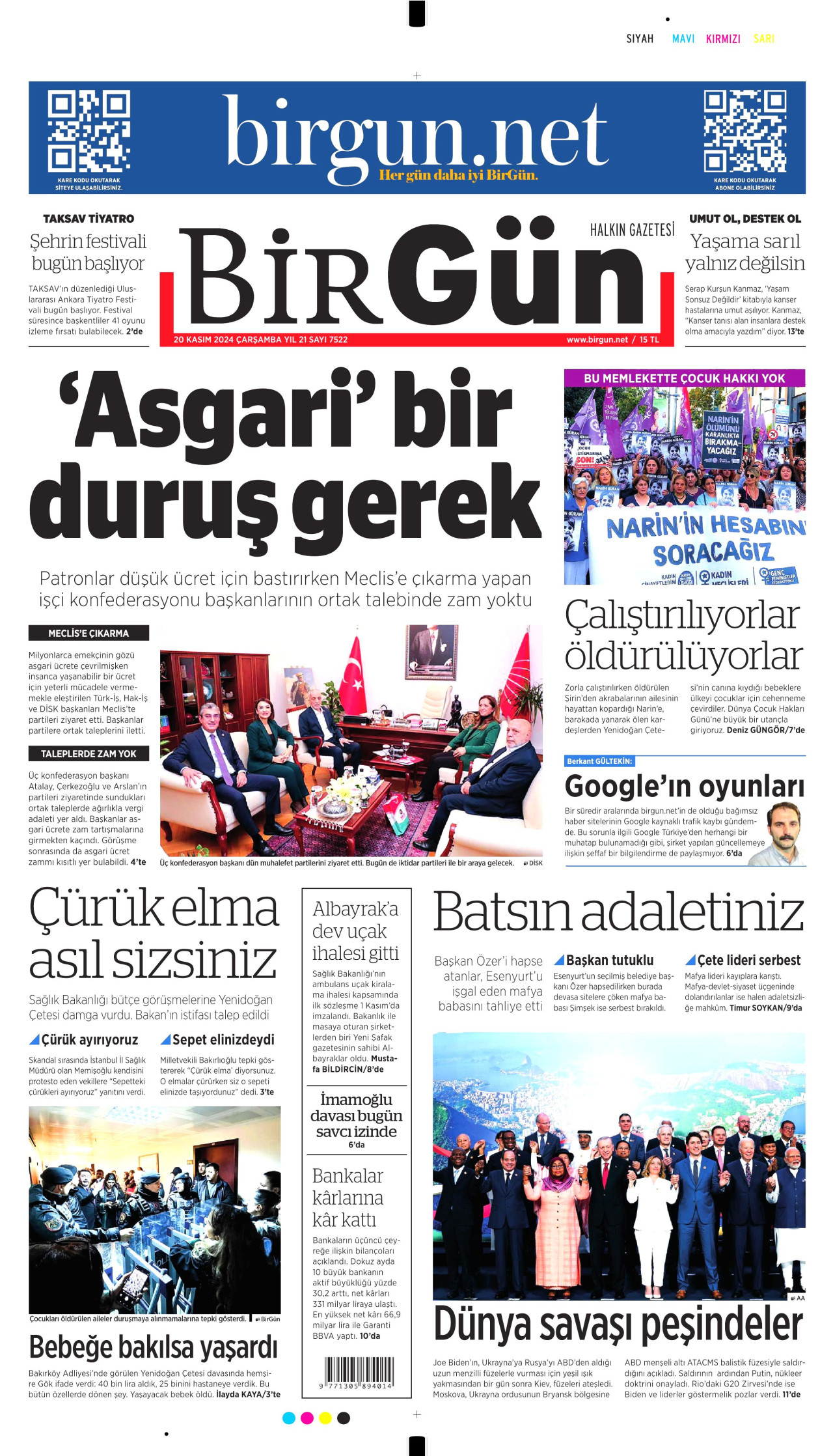 BİRGÜN gazetesinin 20 Kasım 2024 tarihli birinci sayfası