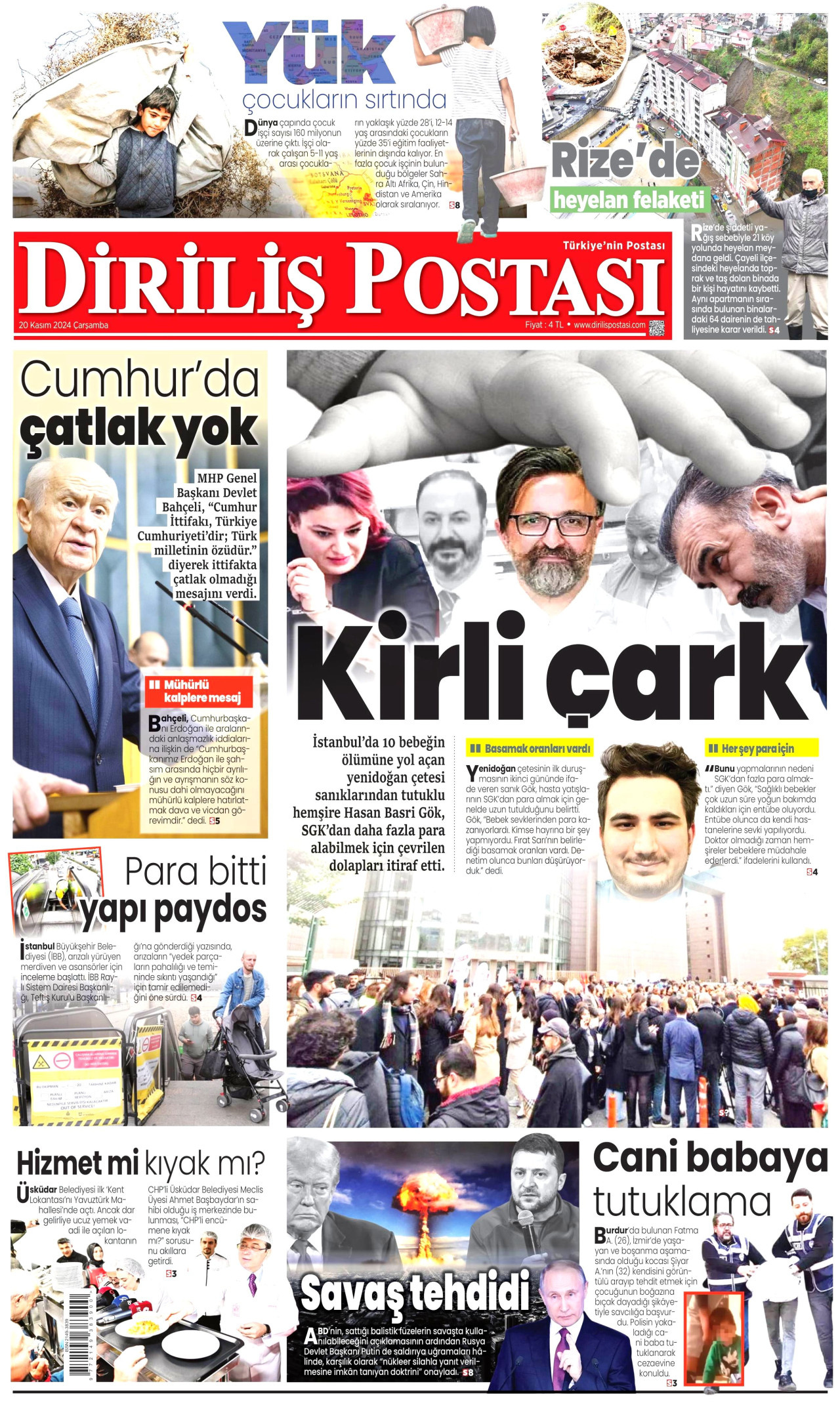 DİRİLİŞ POSTASI gazetesinin 20 Kasım 2024 tarihli birinci sayfası