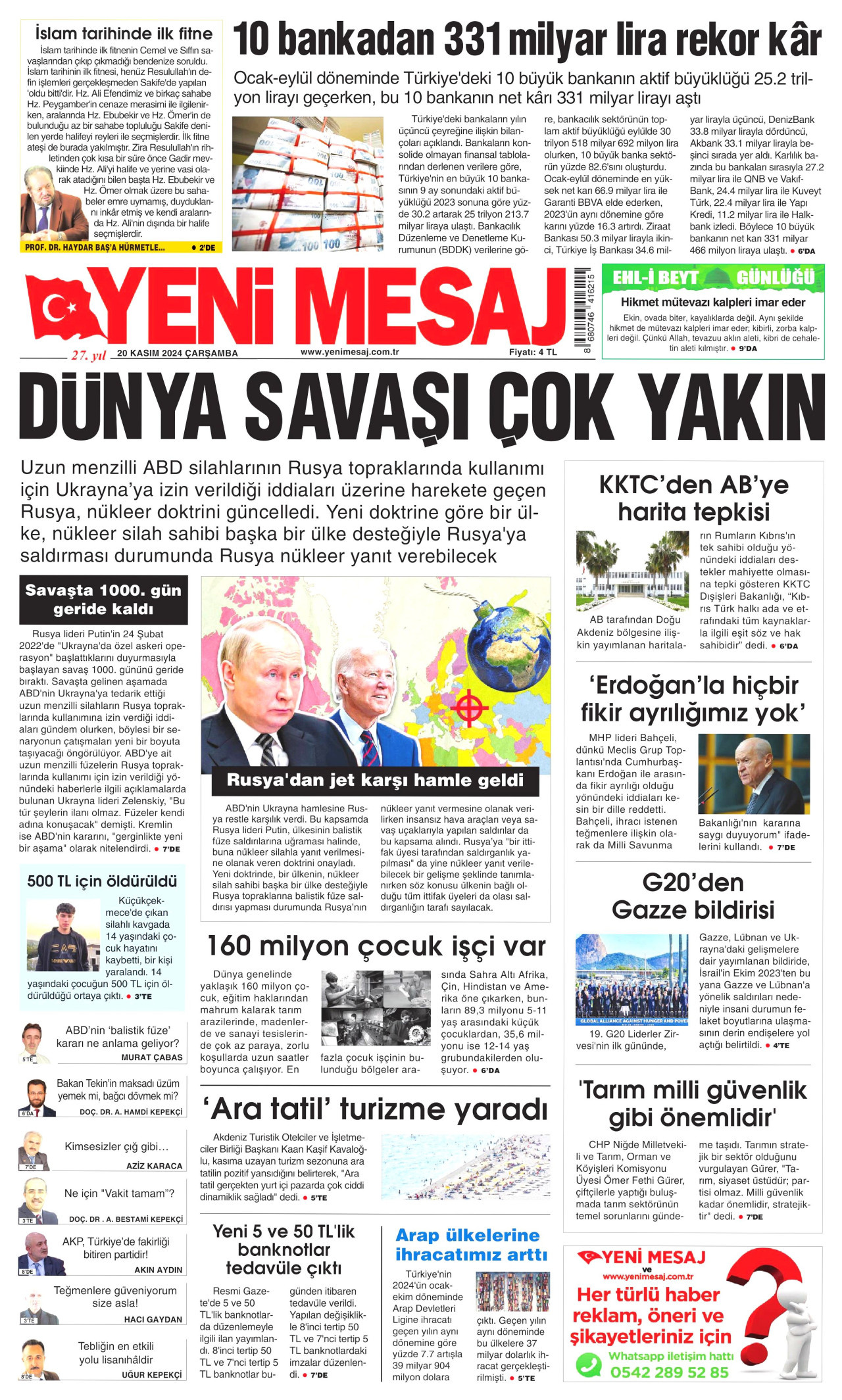 YENİ MESAJ gazetesinin 20 Kasım 2024 tarihli birinci sayfası