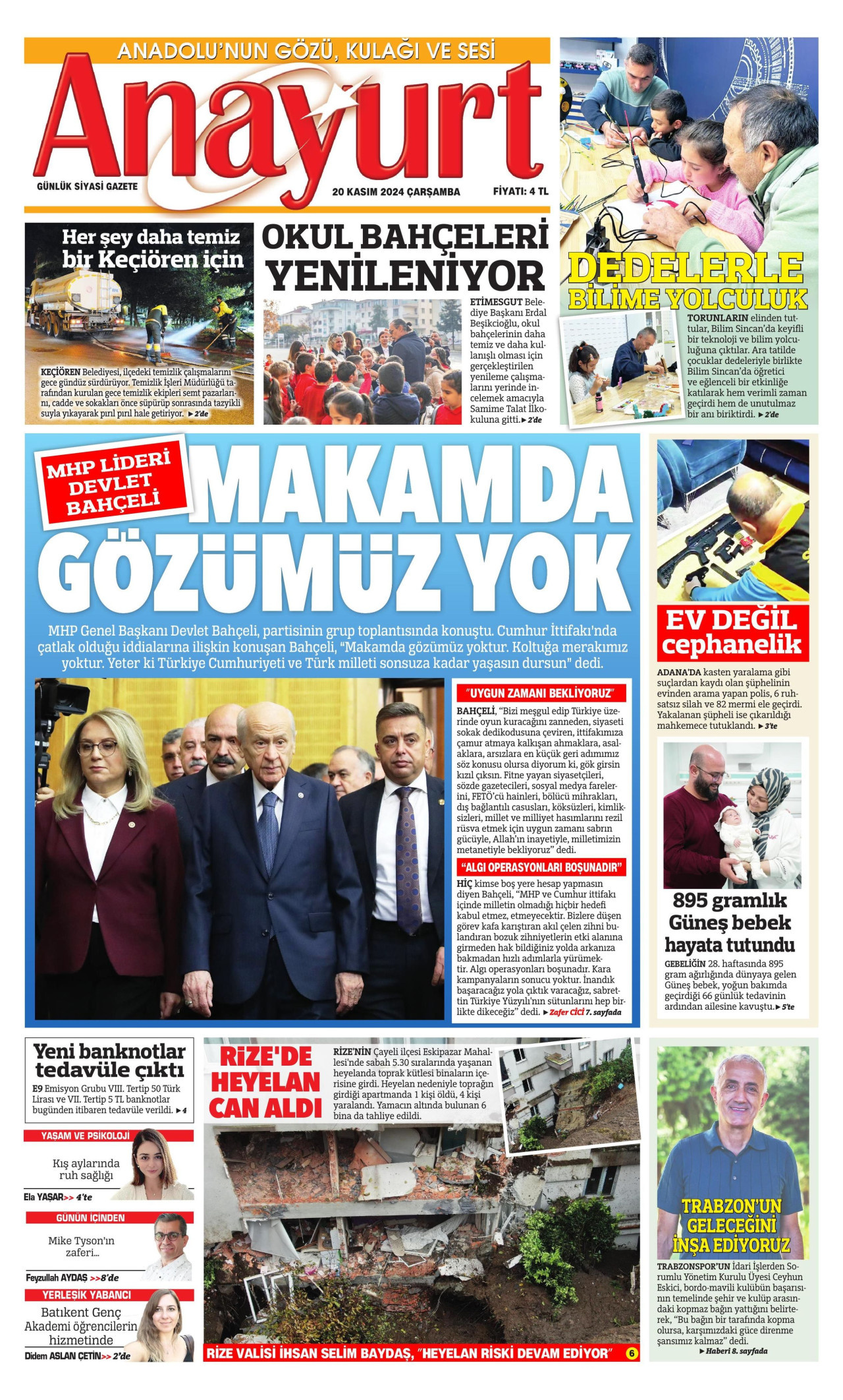 ANAYURT gazetesinin 20 Kasım 2024 tarihli birinci sayfası