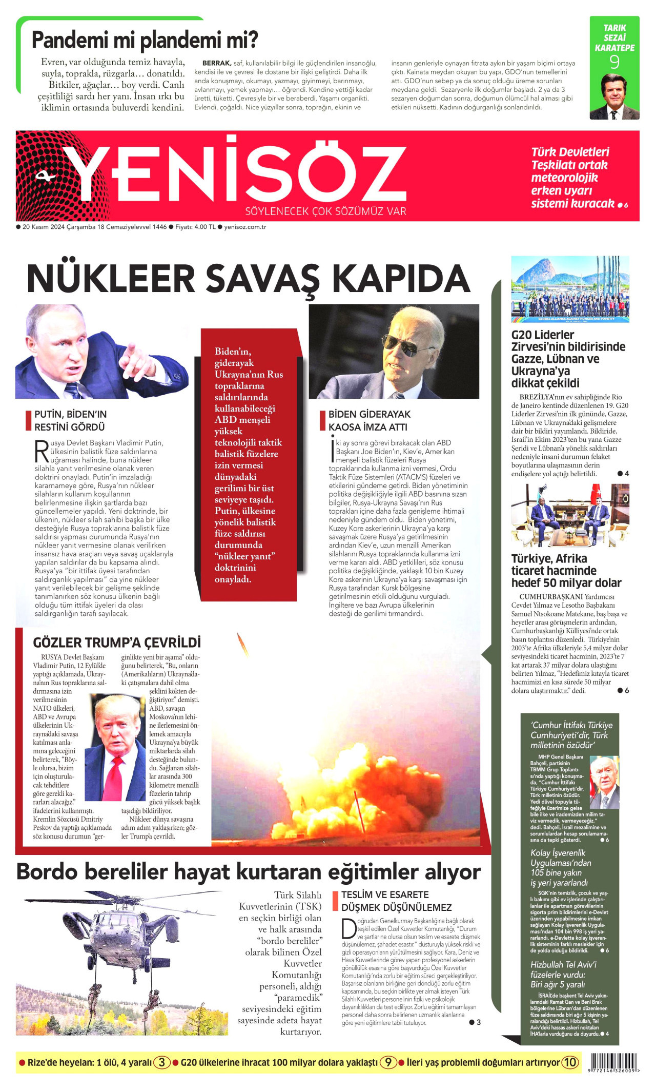 YENİ SÖZ GAZETESİ gazetesinin 20 Kasım 2024 tarihli birinci sayfası