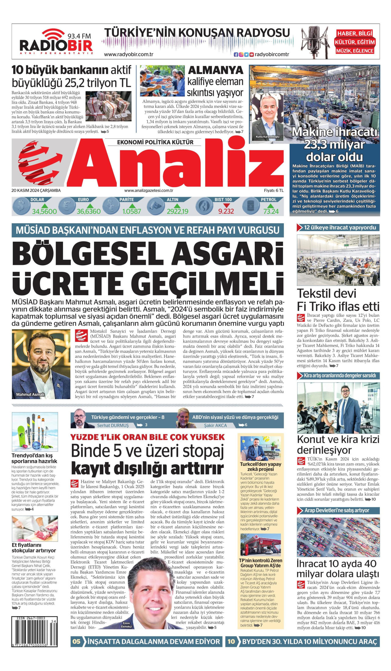 ANALİZ gazetesinin 20 Kasım 2024 tarihli birinci sayfası