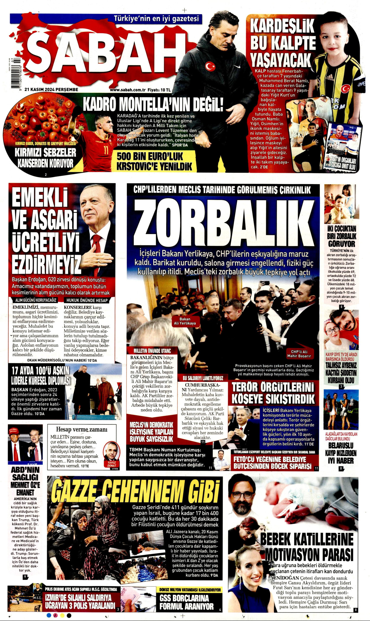SABAH gazetesinin 21 Kasım 2024 tarihli birinci sayfası