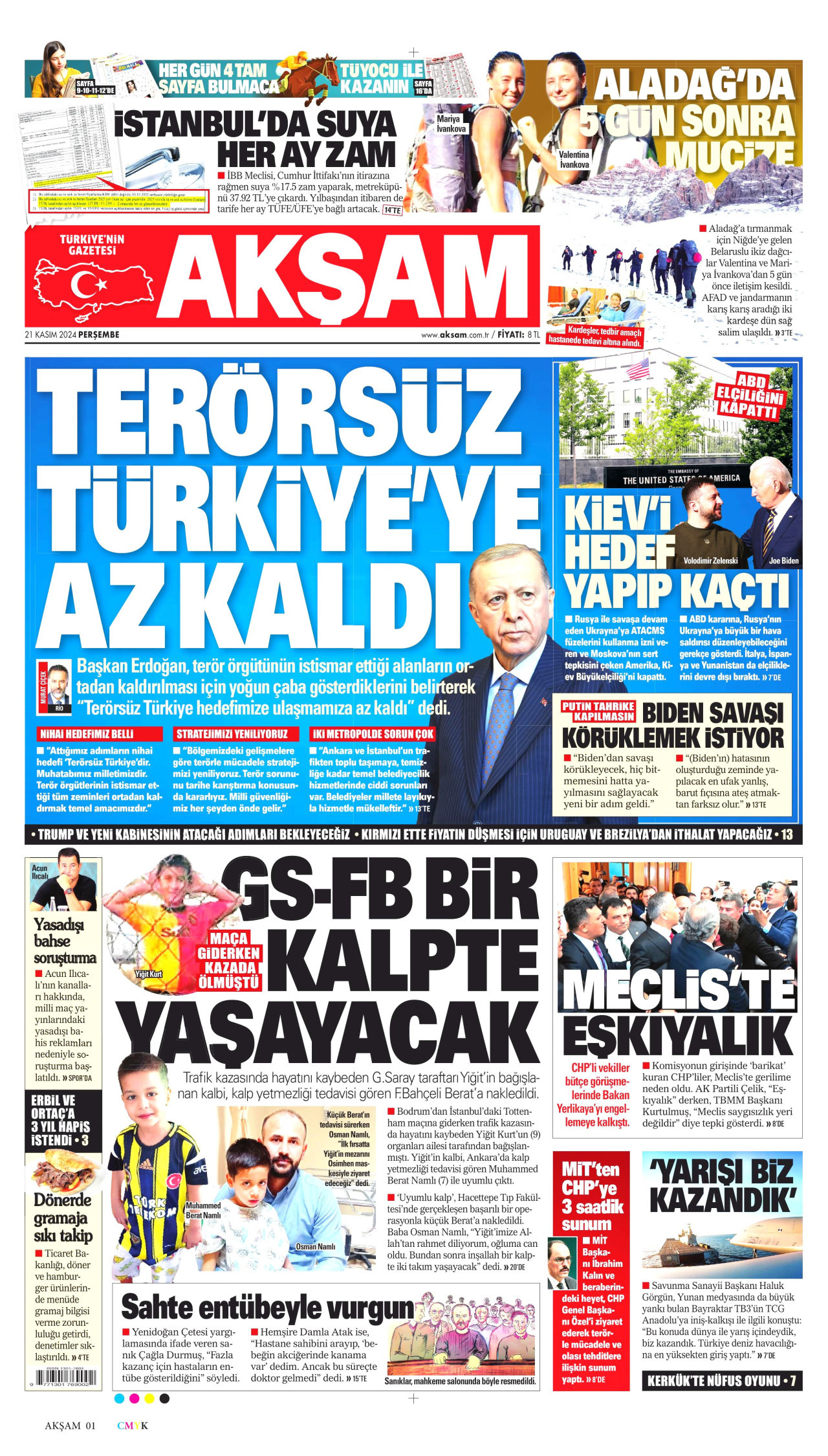 AKŞAM gazetesinin 21 Kasım 2024 tarihli birinci sayfası